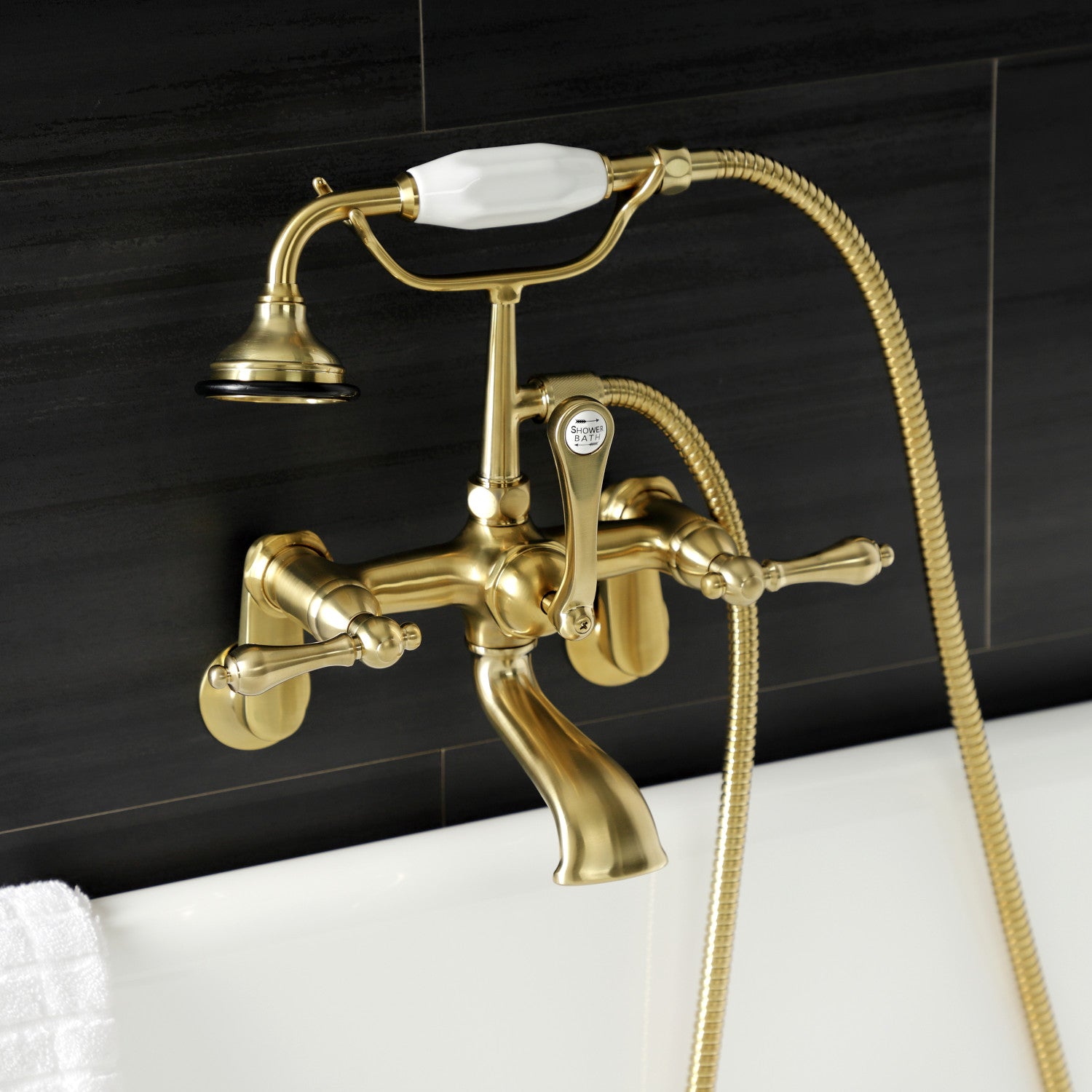 Vintage AE51T7 3-Handle Wall Mount Clawfoot Bathtub Faucet with Hand Shower in Brushed Brass - Perfect for Classic Bathroom Renovations and Luxury Spa Retreats