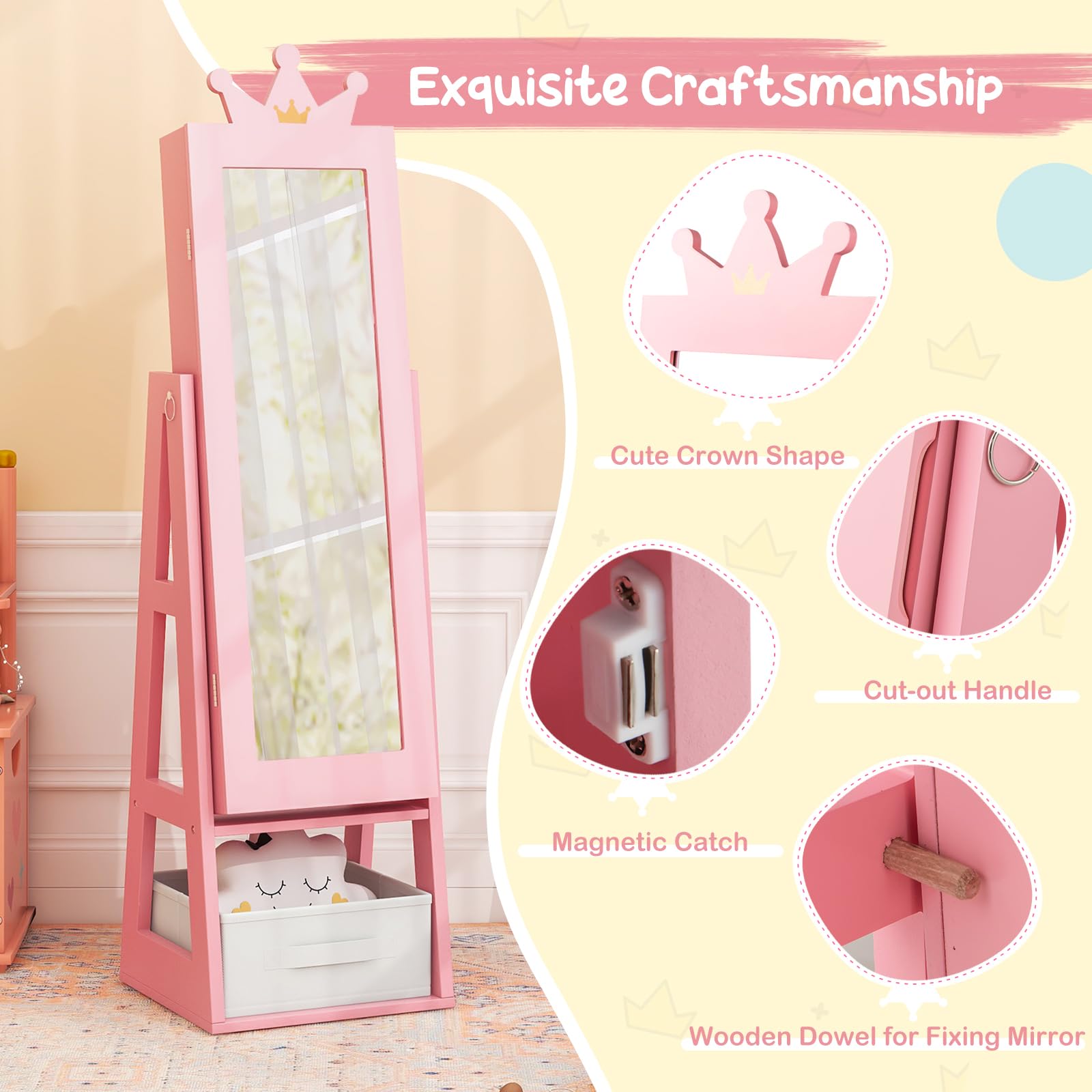 Costzon Kids Jewelry Armoire with Full-Length Mirror - 45.5