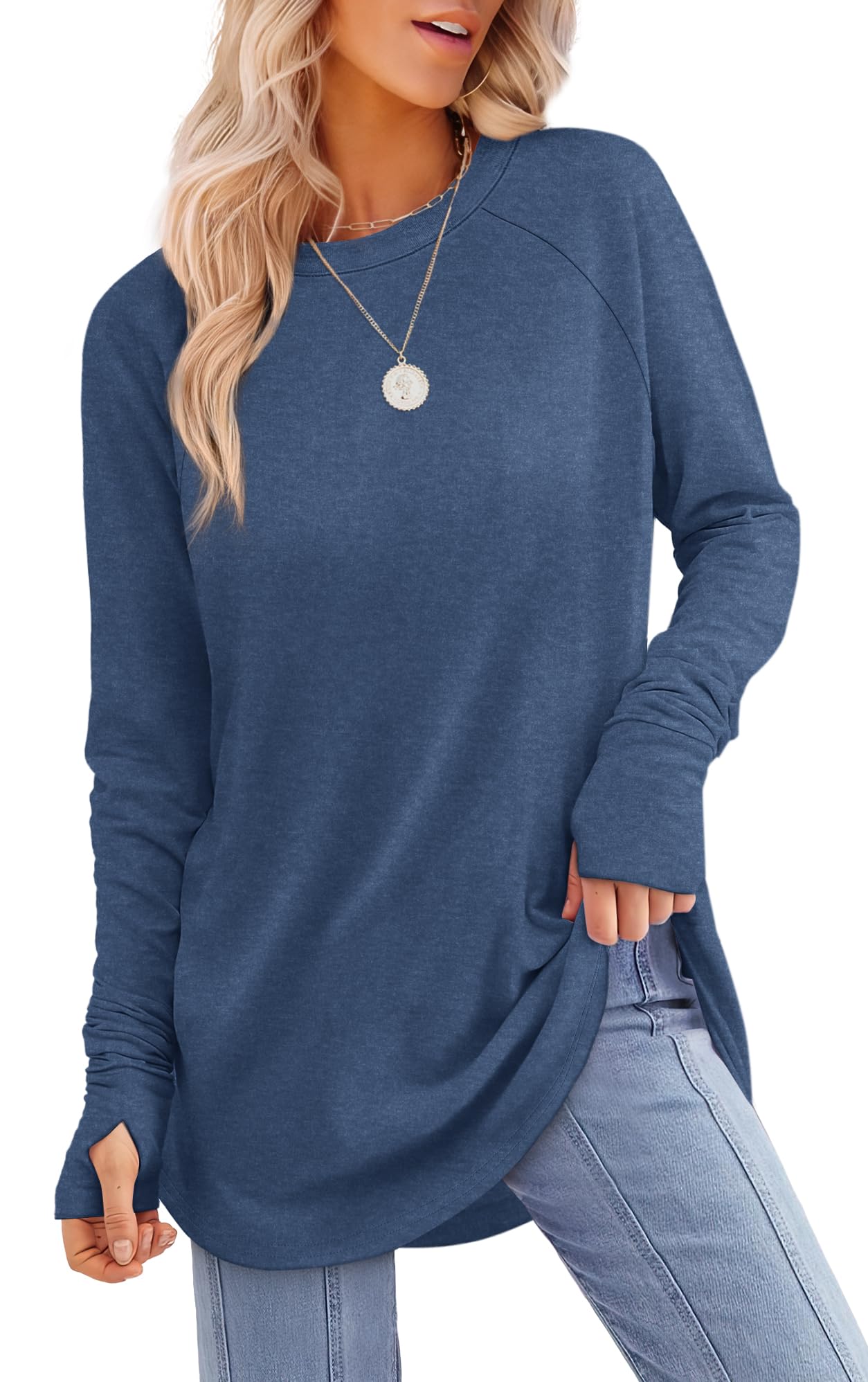 Aokosor Women's Loose Fit Tunic Tops with Thumbholes - Casual Long Sleeve Sweatshirts for Leggings & Layering