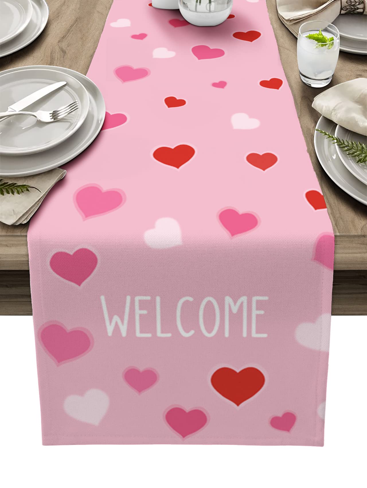 Valentine's Day Table Runner - Red & Pink Heart Design, 13x108 Inch Rectangle Dining Table Scarf for Kitchen, Wedding, Party, Holiday & Outdoor Decor - Perfect for Romantic Dinners & Special Occasions