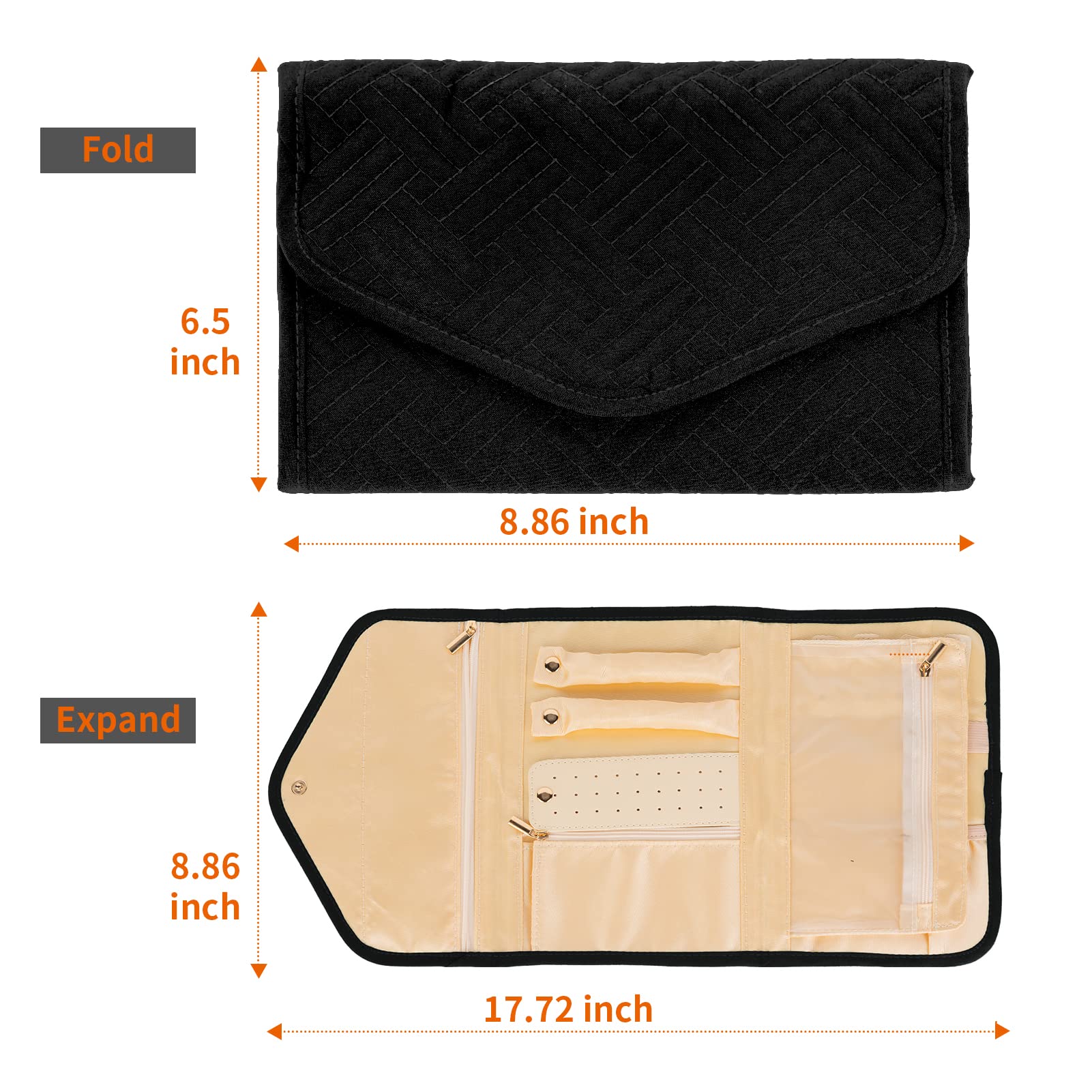 Portable Travel Jewelry Organizer for Women - Foldable Jewelry Storage Bag with Display Roll for Rings, Earrings, Necklaces & Bracelets | Perfect for Vacation, Business Trips & Daily Use (Black)
