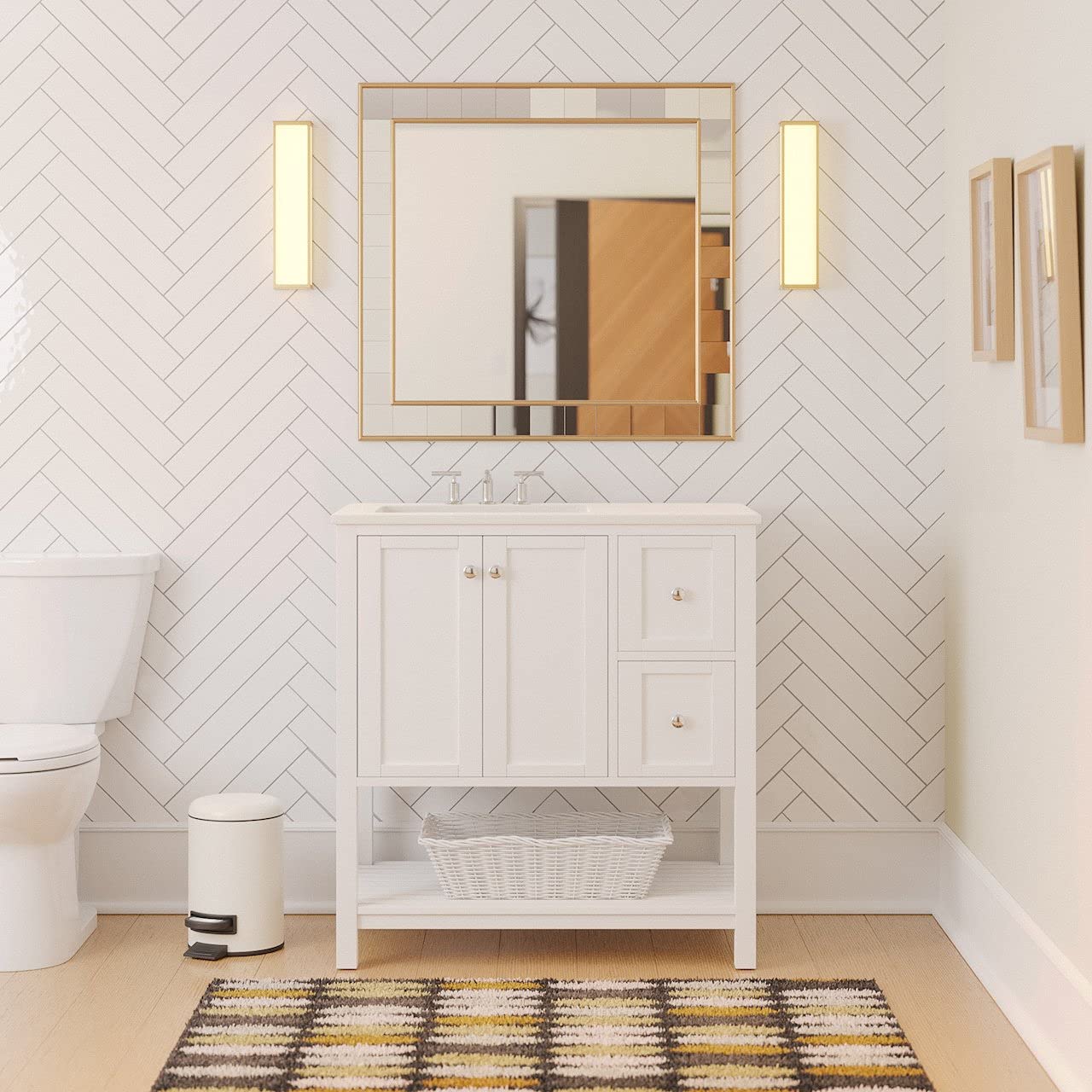 36-inch Bathroom Vanity with White Cabinet, Engineered White Countertop & Ceramic Sink - Modern Bathroom Storage Solution for Small Spaces, Apartments & Guest Bathrooms