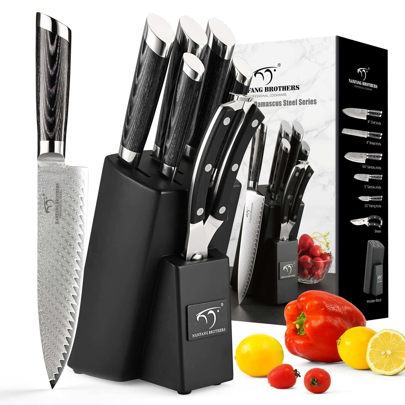 Premium 7-Piece Damascus Steel Knife Set with Wooden Block - Chef Knives, Kitchen Shears & Ergonomic ABS Handles - Perfect for Home Cooking, Professional Chefs & Gourmet Food Preparation