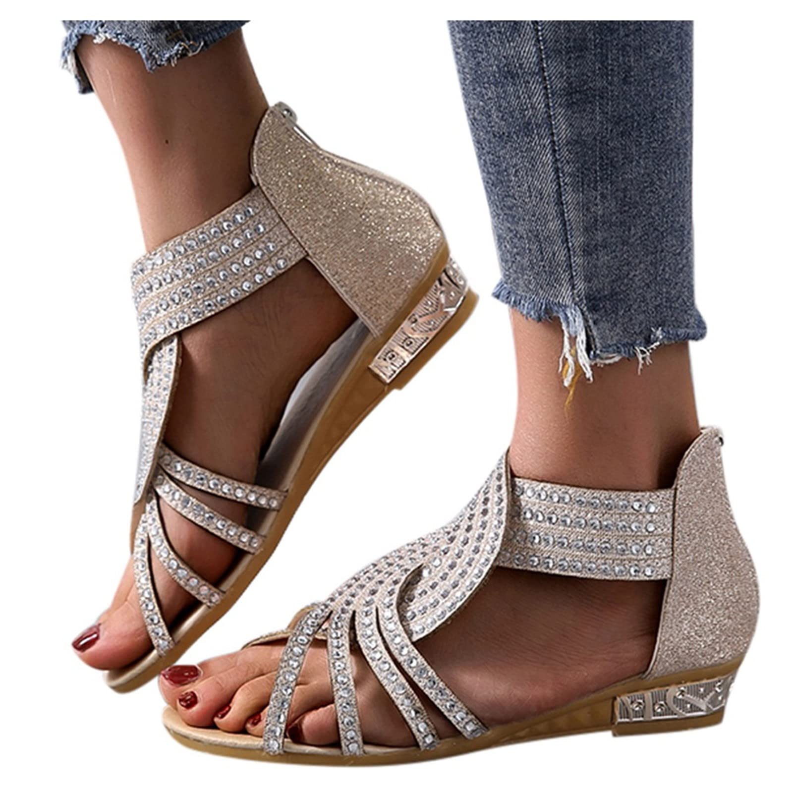 LUOPUNAQ Women's Spring Sandals - Slip On Flat Boho Sandals with Crystal Hollow Open Toe | Comfortable Casual Beach Sandals for Summer, Vacation & Outdoor Wear