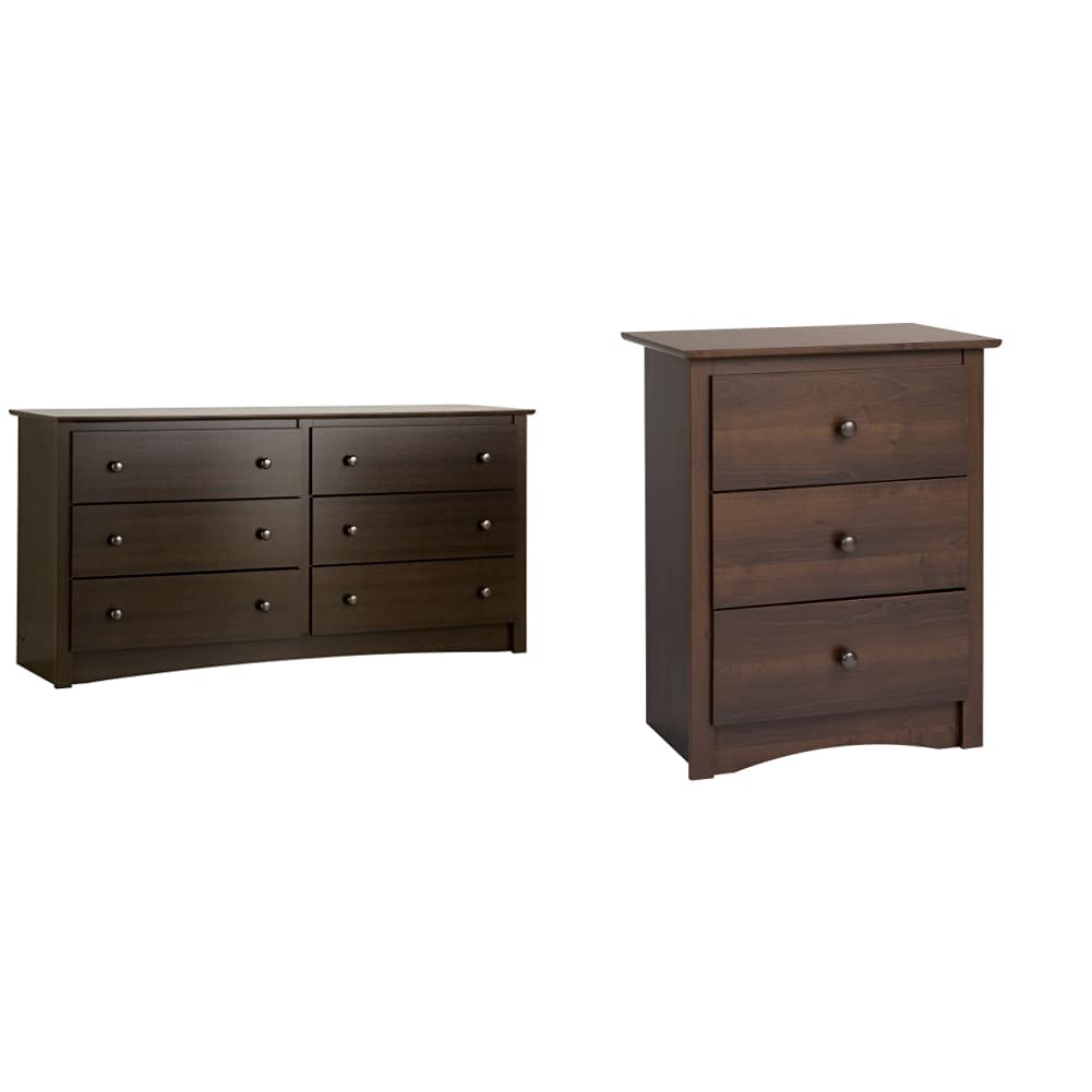 Prepac Fremont 6-Drawer Double Dresser with Nightstand - Espresso Brown Bedroom Furniture Set for Master Bedroom, Guest Room & Dorm Organization