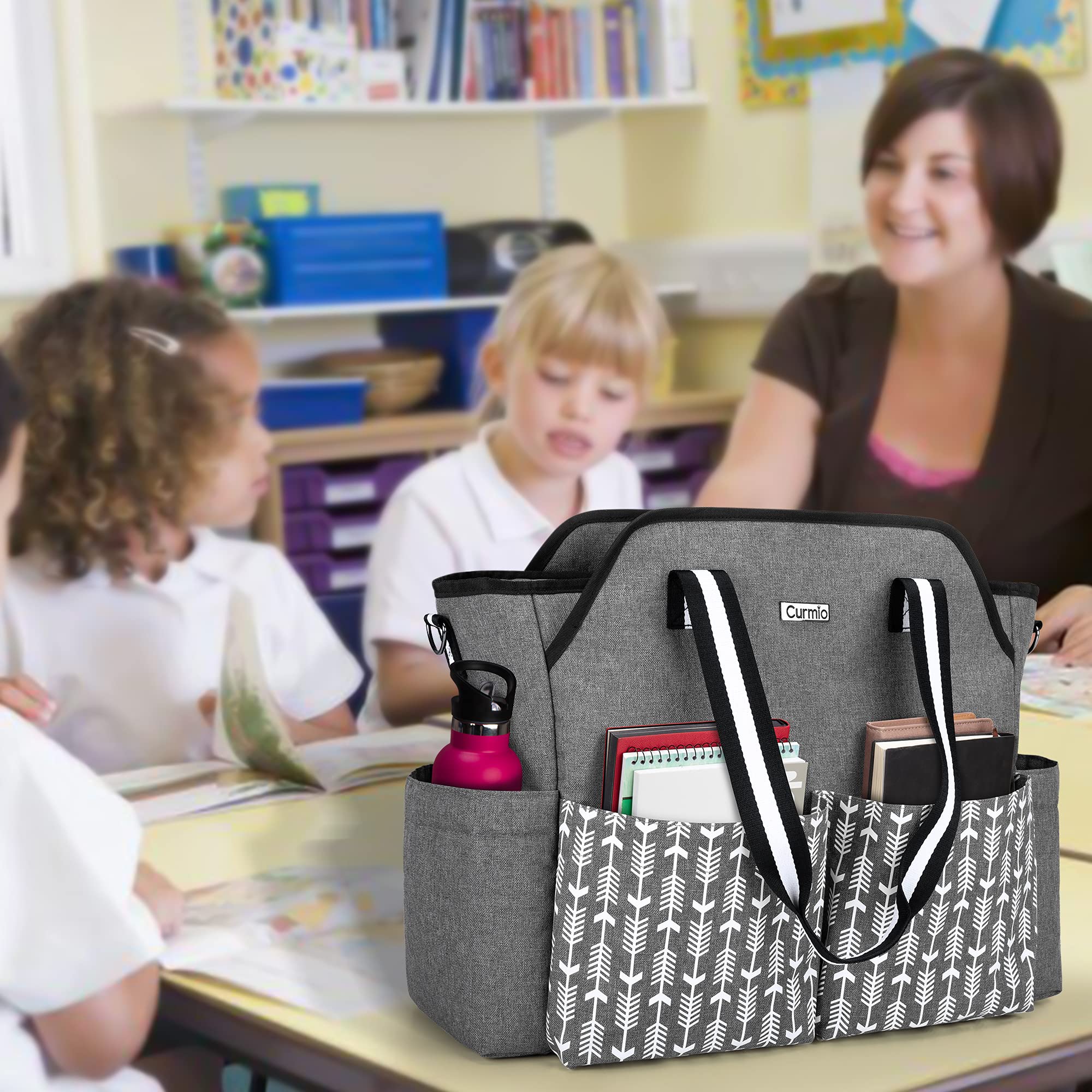 **CURMIO Women's Teacher Tote Bag with Shoulder Strap & Padded Laptop Sleeve - Portable Work Bag for Women, Perfect Teacher Gift (Gray with Arrow) - Ideal for School, Office, and Commuting**