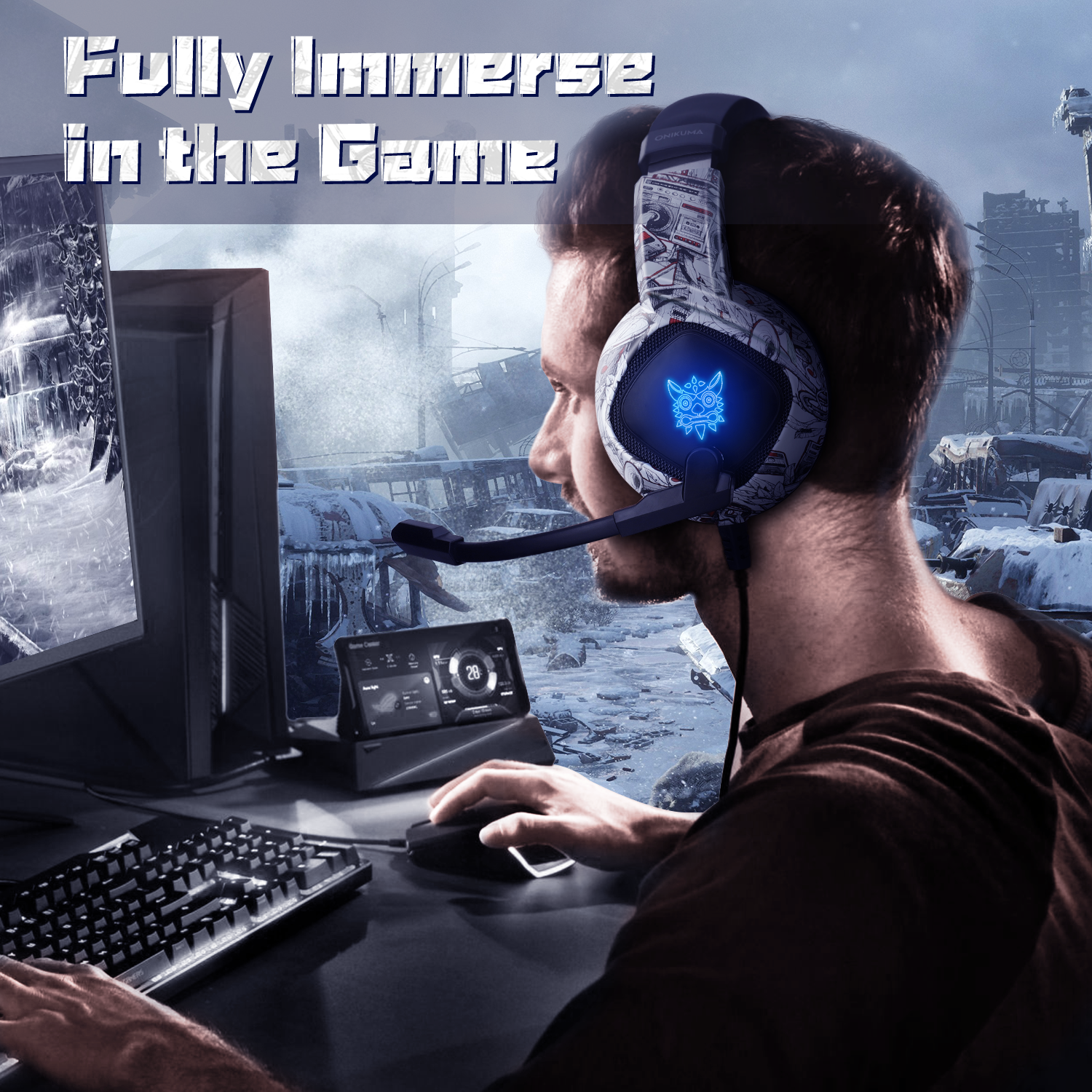 ONIKUMA K19 Professional Gaming Headset with RGB LED Lights - Noise Cancelling Mic, Comfortable Ear Cushions for PC, PS4, Xbox - Perfect for FPS Games & Late Night Gaming Sessions