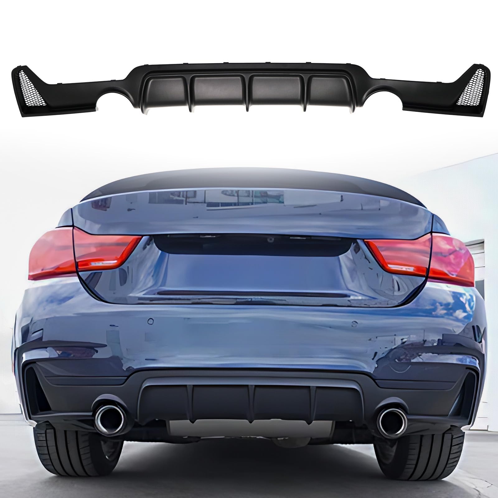 BMW 4 Series F32 F33 F36 Rear Diffuser (2014-2020) - M-Performance Style Matte Black Bumper Lower Lip with Dual Exhaust Outlet | Enhances Aerodynamics & Sporty Look for Coupe, Convertible & Gran Coupe Models
