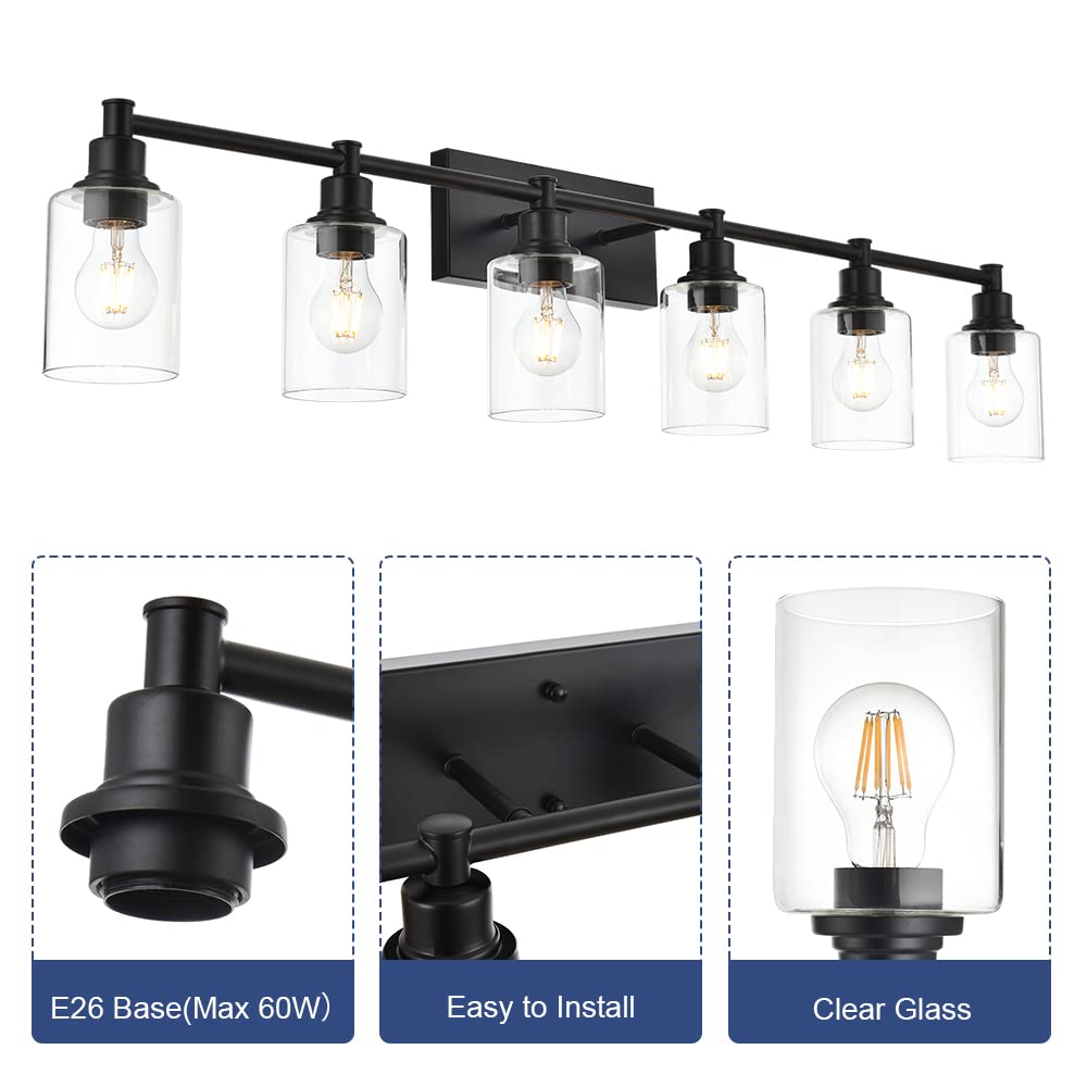 Modern 6-Light Farmhouse Bathroom Vanity Lights with Clear Glass Shades - Wall Mounted Lighting Fixture for Bathroom, Bedroom & Porch - Perfect for Makeup, Shaving & Ambient Lighting