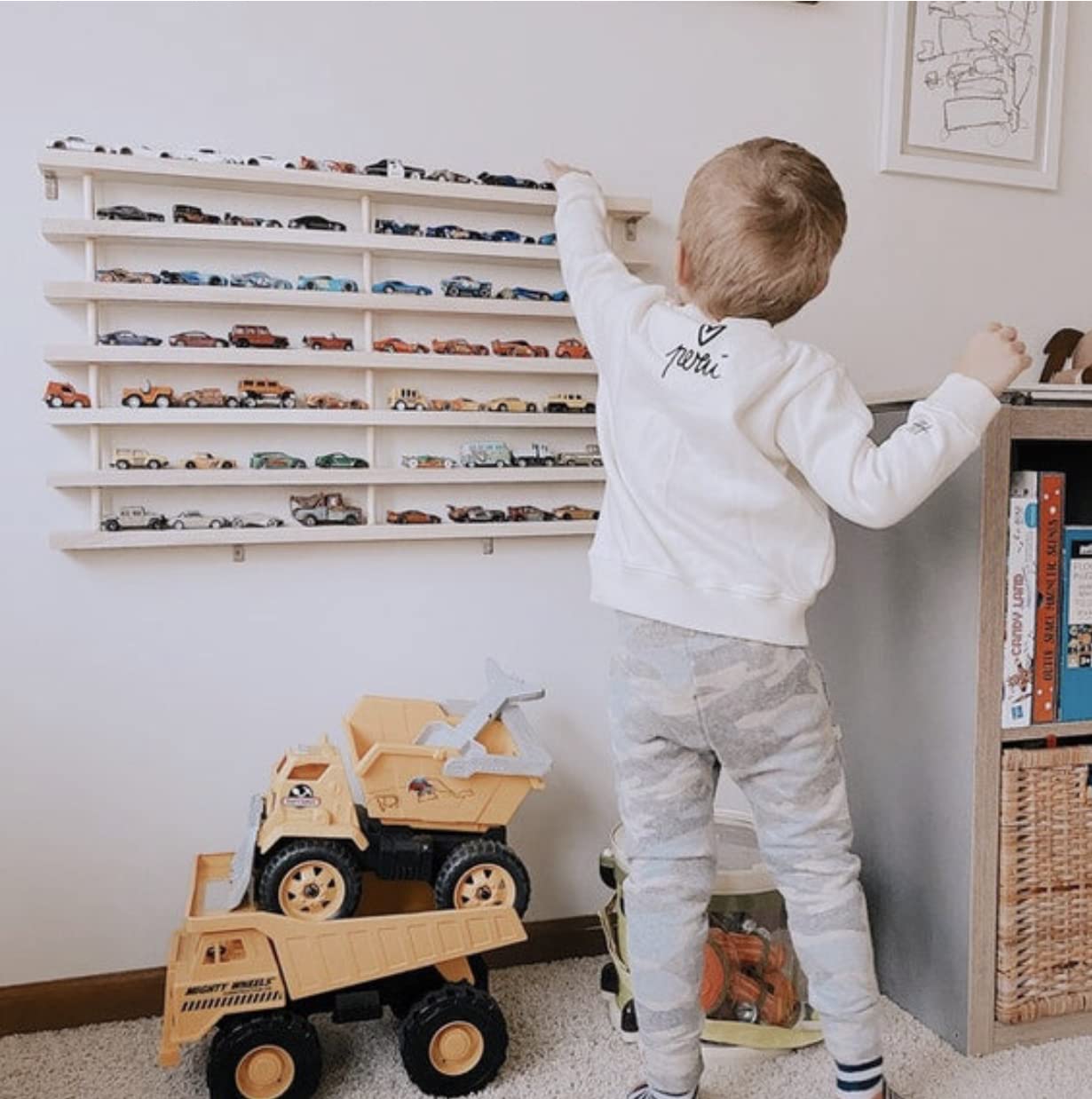 Handmade Wooden Toy Car Shelf - Compatible with Hot Wheels & Matchbox Cars - Solid Oak Display Organizer for Kids' Bedroom & Playroom Decor