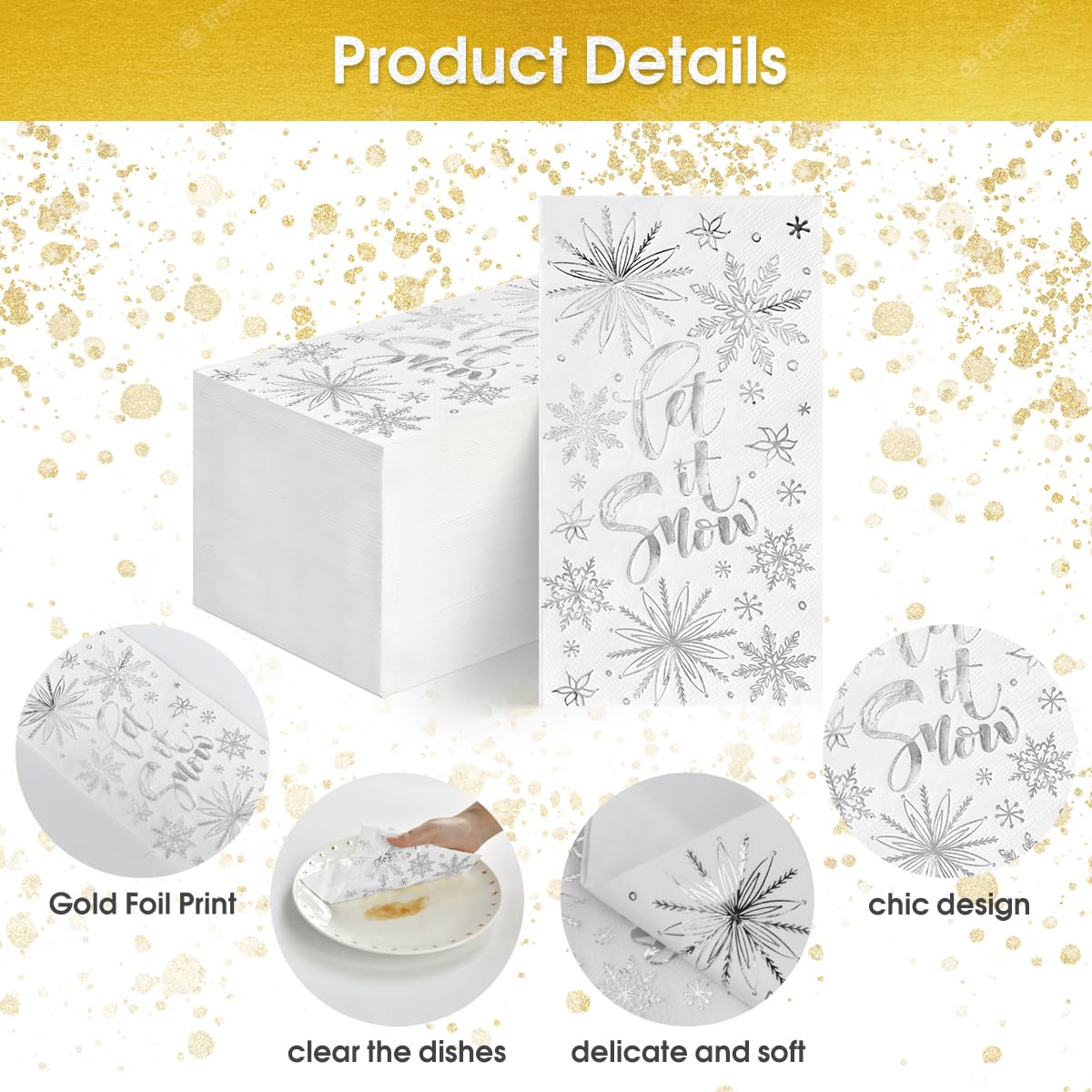 Horaldaily 100 Christmas Disposable Paper Napkins - Let It Snow White with Silver Foil - Decorative Guest Hand Towels for Holiday Parties, Lunches, Dinners, Kitchen & Bathroom - Perfect for Christmas Gatherings, Office Celebrations and Festive Home Decor