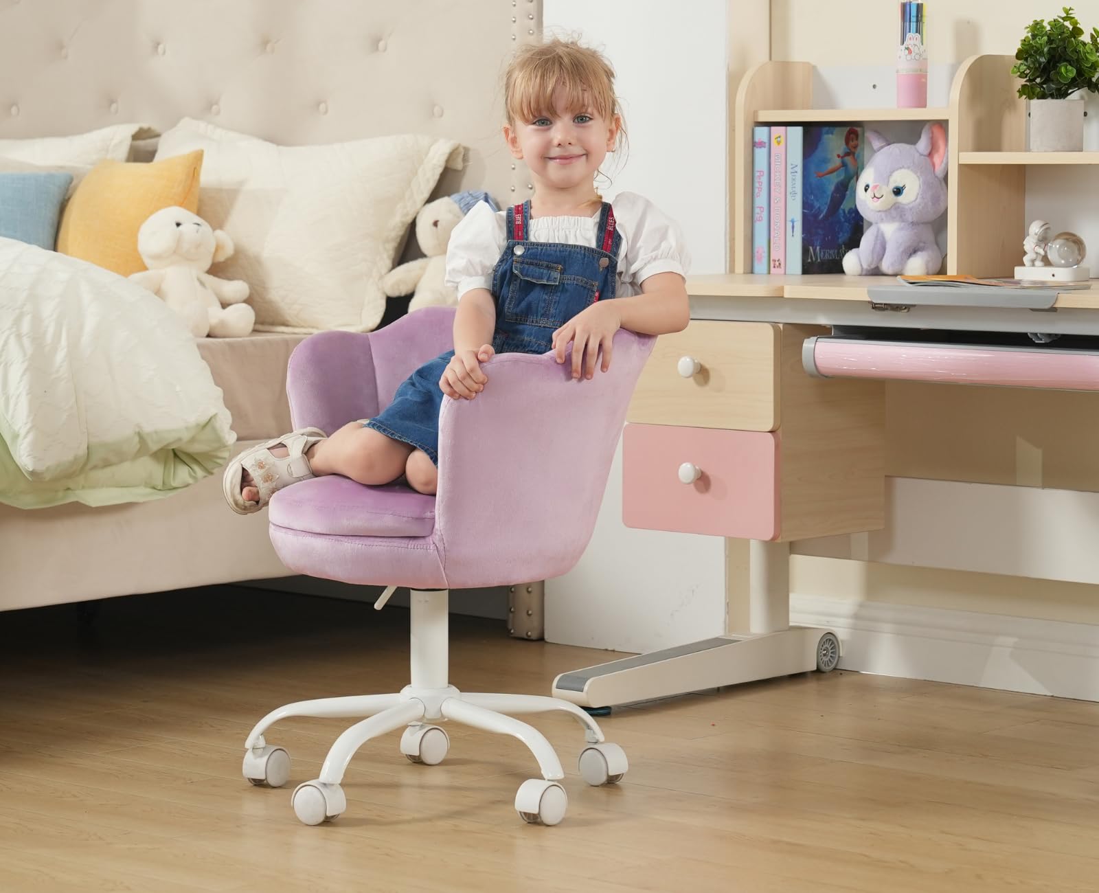 CIMOTA Adjustable Velvet Kids Desk Chair - Light Purple Swivel Shell Vanity Chair for Girls, Ergonomic Study & Computer Chair for Bedroom or Playroom | Perfect for Homework, Gaming & Reading