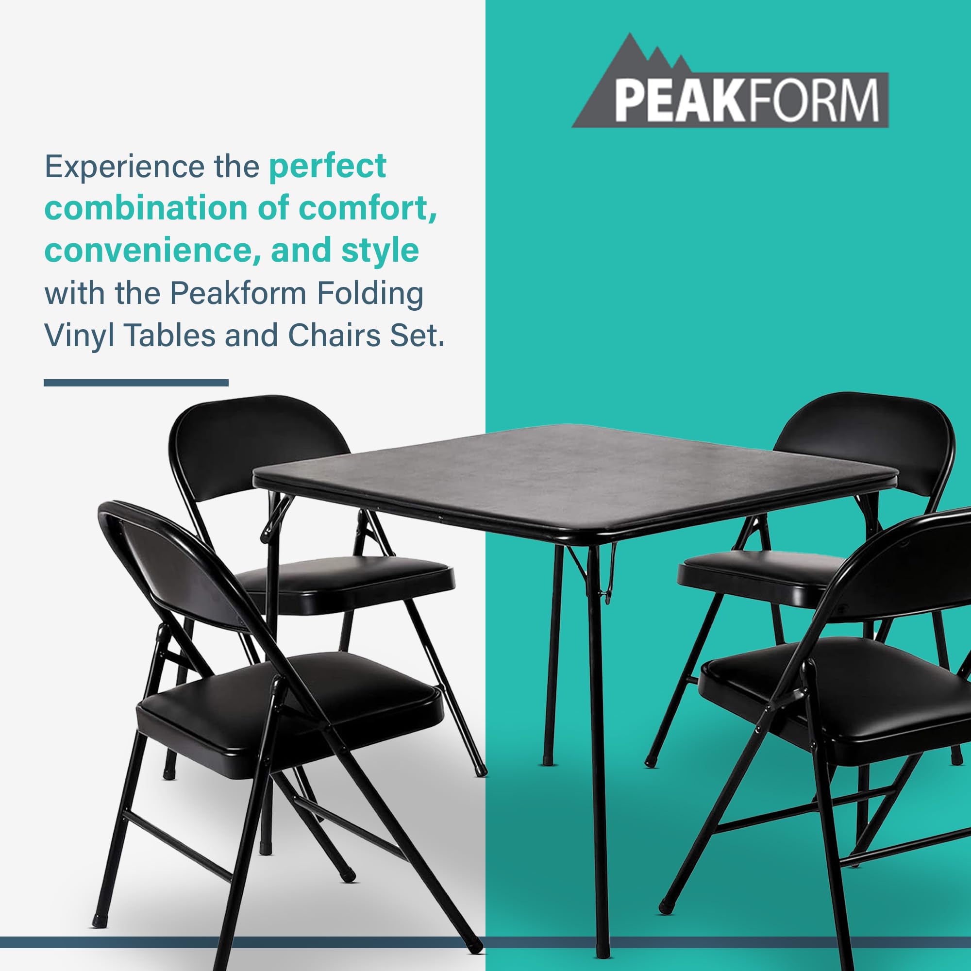 5-Piece Folding Table and Chairs Set - Durable Vinyl, Easy to Clean & Store - Perfect for Home, Office, Indoor & Outdoor Use - Great for Parties, Picnics & Small Spaces - Black