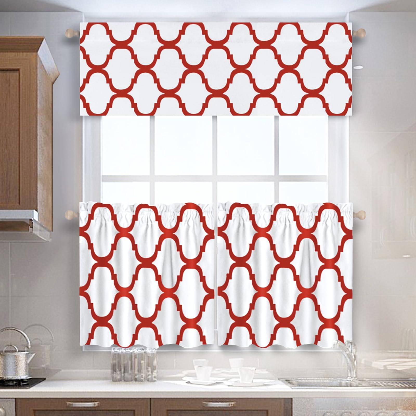 Melodieux Set of 2 Moroccan Style Geometric Lattice Tier Curtains - 29x36 Inches, Off White/Red | Rod Pocket Window Treatments for Kitchen, Cafe, Bathroom & Small Windows | Perfect for Boho Home Decor & Privacy