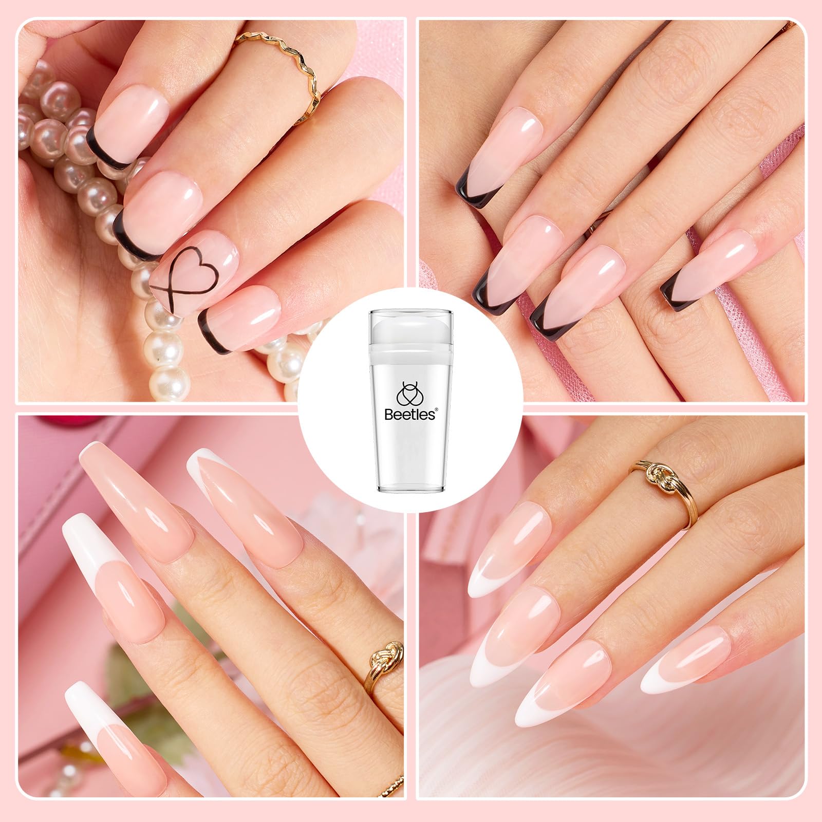 Beetles French Tip Nail Stamp Kit - Silicone Nail Art Stamper with Long Stamper & Cuticle Guard | UV LED Gel Polish Manicure Set for Women | Perfect for Home Salon & DIY Nail Designs