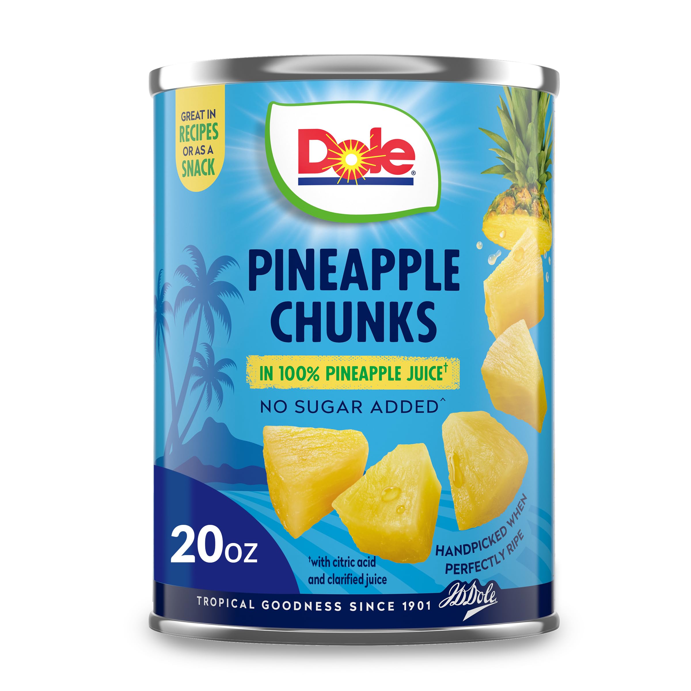 Dole Canned Pineapple Chunks in 100% Pineapple Juice | Gluten Free, Non-GMO | 20 Oz Can | Pantry Staple, Snack & Smoothie Ingredient | Perfect for Baking, Yogurt Topping & Healthy Recipes