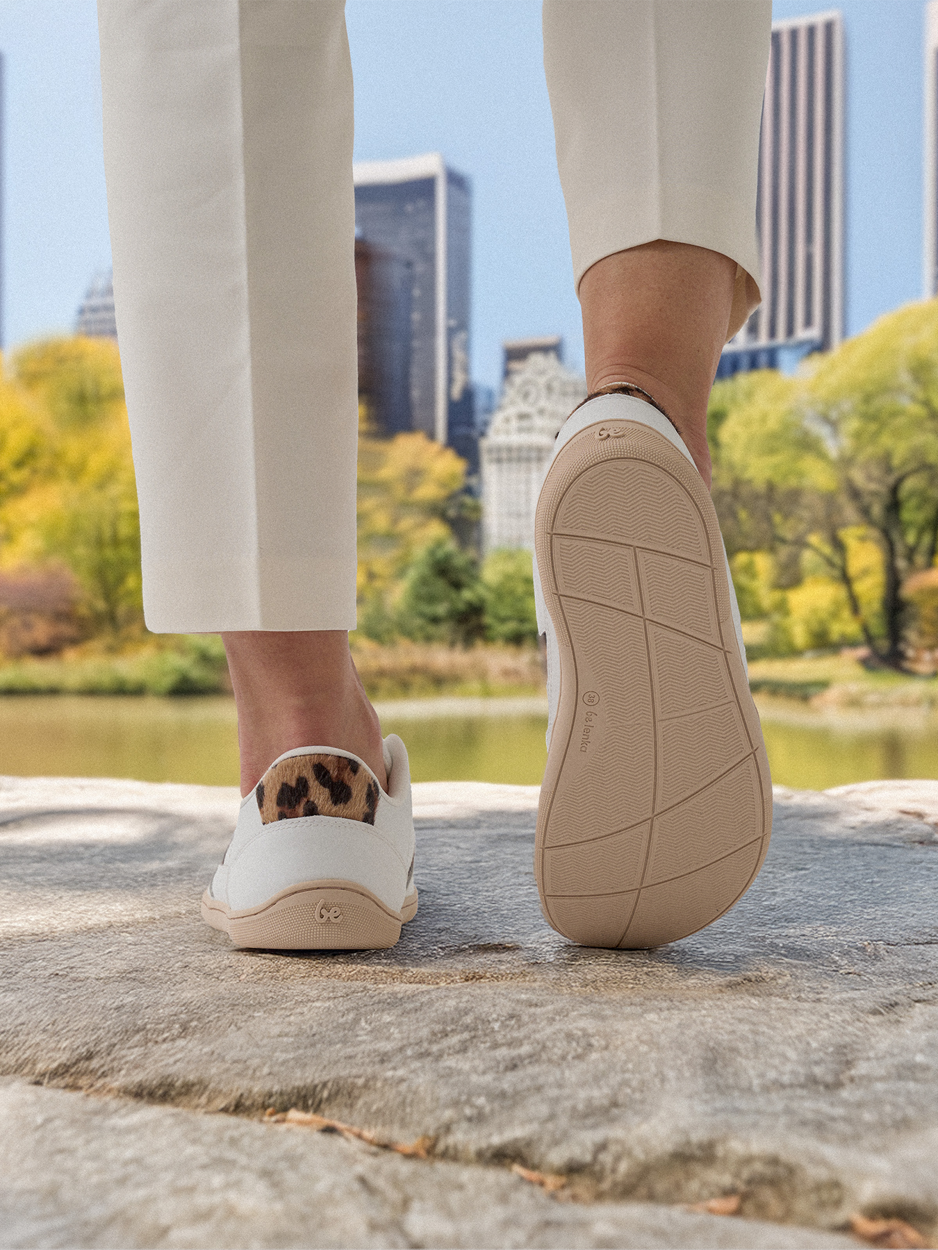 Barefoot Sneakers for Women - Be Lenka Cellestia Minimalist Shoes in White & Leopard Print | Comfortable Zero Drop Footwear for Running, Walking & Everyday Wear