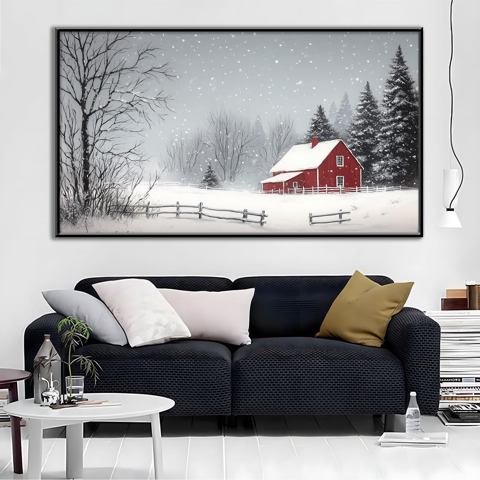 Farmhouse Winter Canvas Wall Art - Snowy Landscape with Red Barn & Trees - Gold Framed 23x13 inch (60x35cm) - Perfect for Living Room, Bedroom & Office Decor