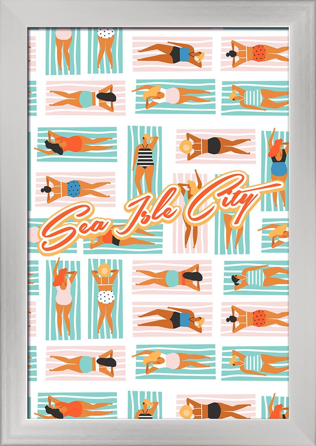 Sea Isle City New Jersey Aerial Beach Scene - Ladies on Towels 12x18 Giclee Fine Art Print with Recycled Wood Frame in Silver - Perfect for Coastal Home Decor & Beach House Wall Art