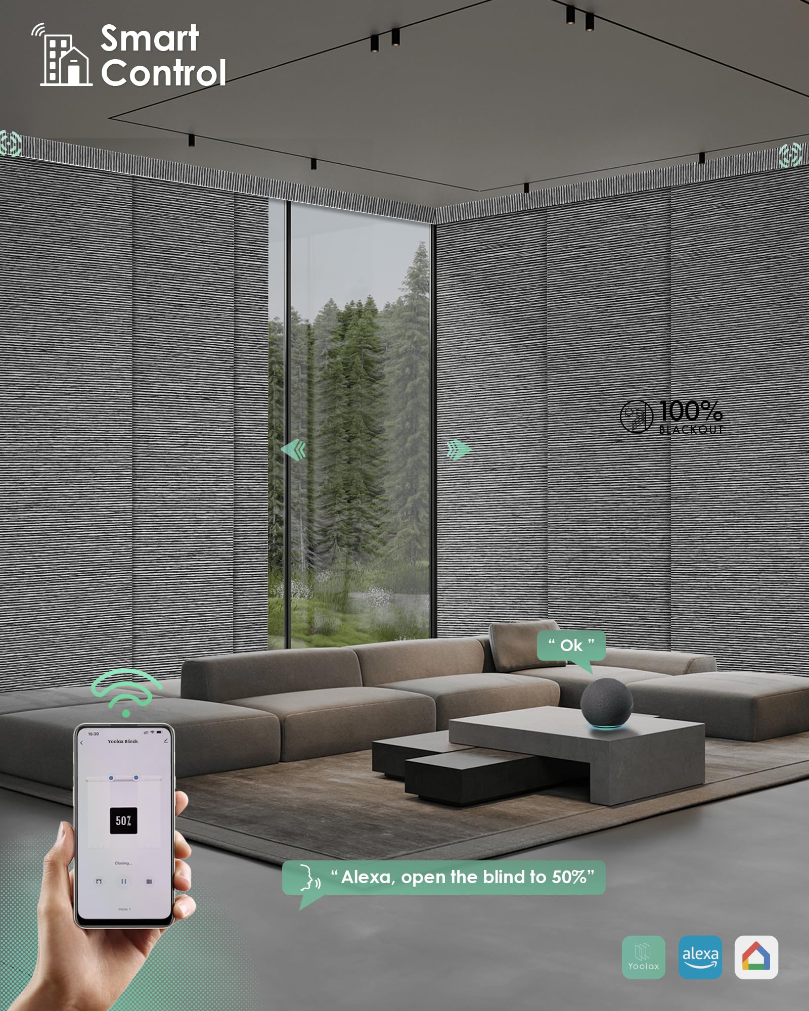 Yoolax Custom XL Smart Motorized Sliding Blinds - Alexa Compatible Blackout Vertical Window Shades for Glass Doors, Patio & Closet - Basalt Stripe Black | Perfect for Home Automation, Privacy & Light Control