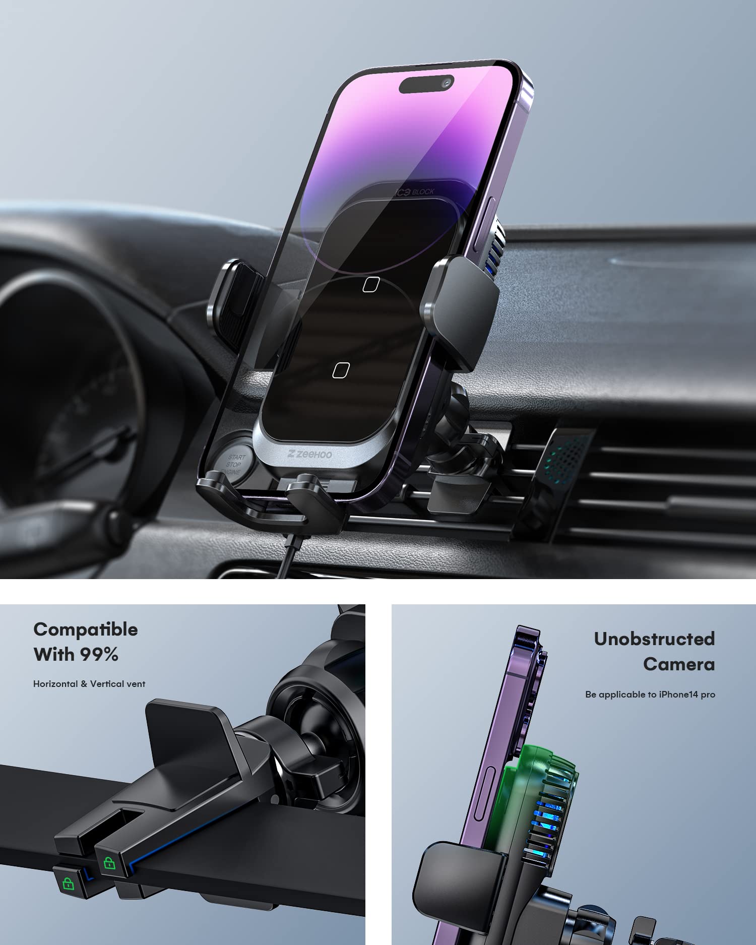 ZeeHoo 15W ICEBLOCK Wireless Car Charger - Fast Cooling Charging with Dual Coils, Auto Clamp Phone Mount for iPhone 15/14/13/12/11 Pro Max/XR, Samsung S22 Ultra/S21/S20/S10+/S9+/Note 9 - Perfect for Road Trips & Daily Commutes