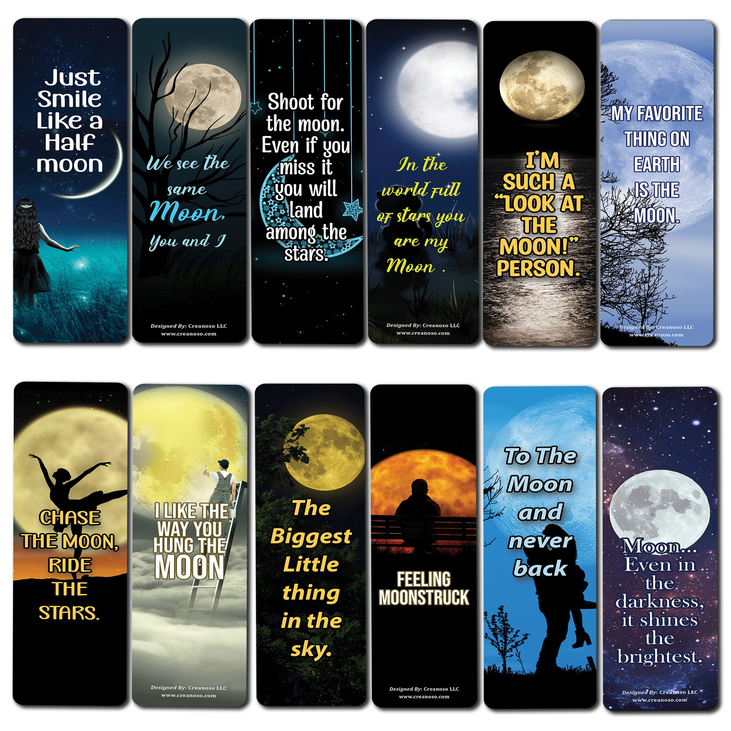 Creanoso Moon Photo Bookmarks (10 Sets X 6 Cards) – Inspirational Bookmark Set with Motivational Quotes – Unique Book Page Clippers for Readers – Perfect Gift for Book Lovers, Adults & Teens – Ideal for Reading, Journaling & Book Club Gifts