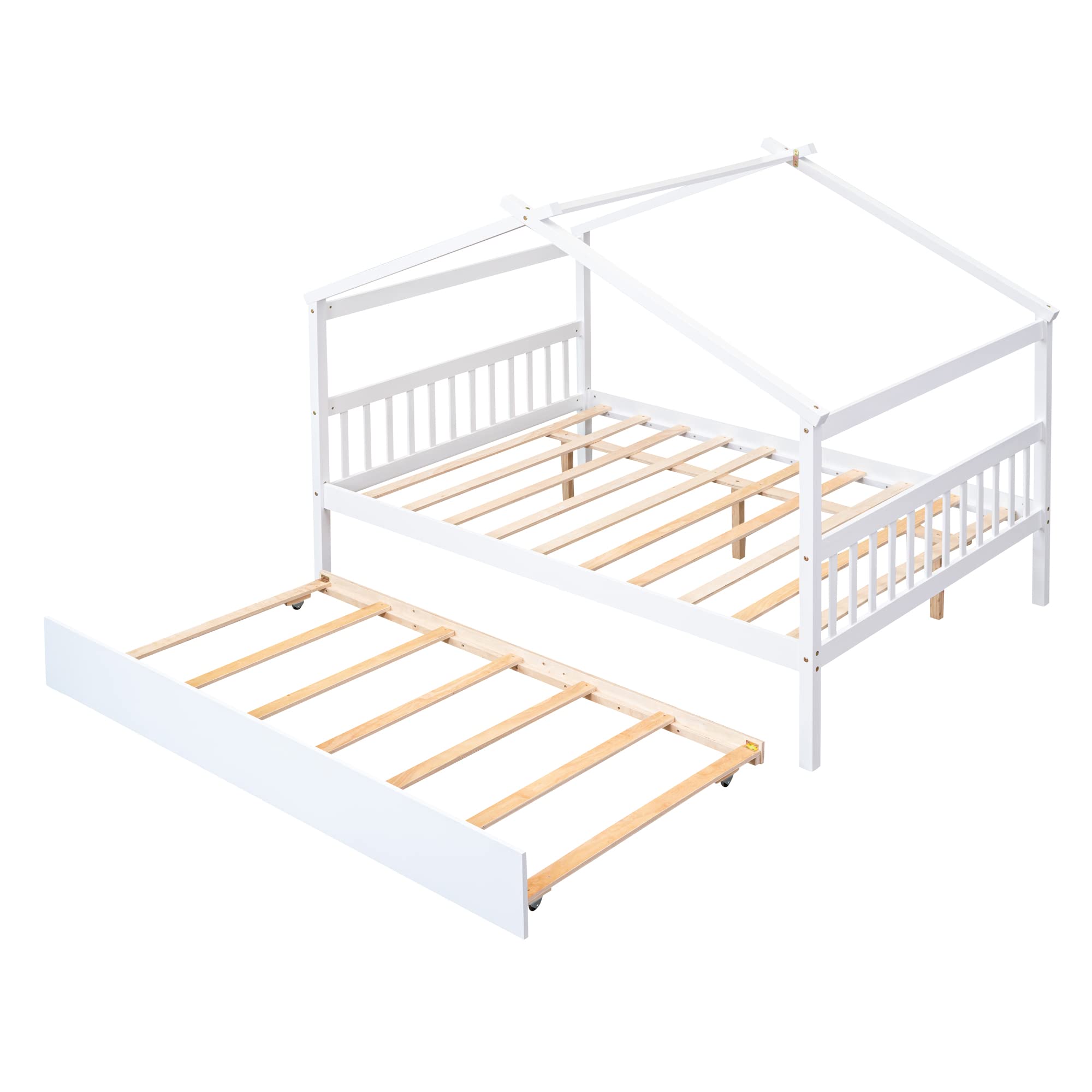 Bellemave Full Size House Bed with Twin Trundle - White Wooden Playhouse Bed with Roof for Kids' Bedroom, Nursery, or Playroom - Fun and Functional Children's Furniture