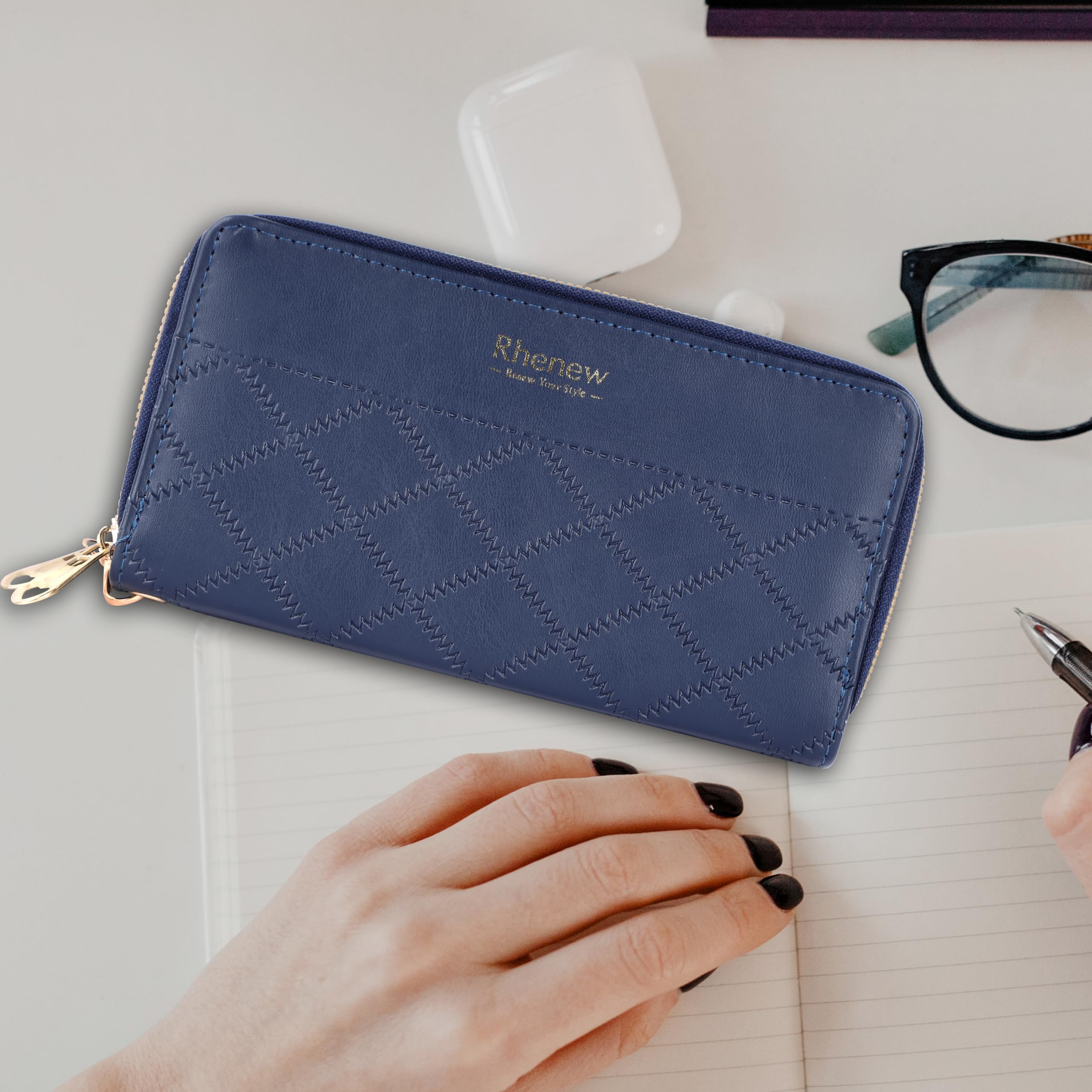 Rhenew Women's Double Zipper Wallet - Embossed Leather Clutch Purse for Everyday Use, Travel & Special Occasions