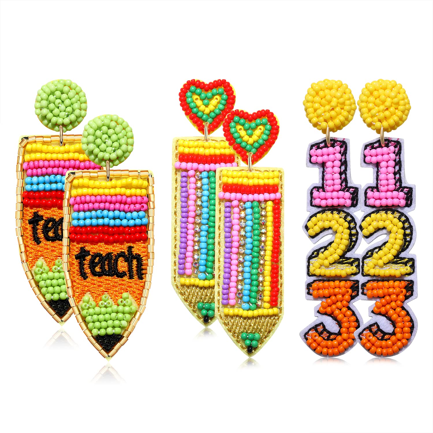Handmade Beaded Teacher Earrings for Women - 3 Pairs ABC & Pencil Dangle Earrings - Back to School Jewelry Gifts for Educators, Teacher Appreciation Day - Perfect for Classroom Wear, Teacher Gifts & School Events (Great for Teachers, Professors, Educators & School Staff)