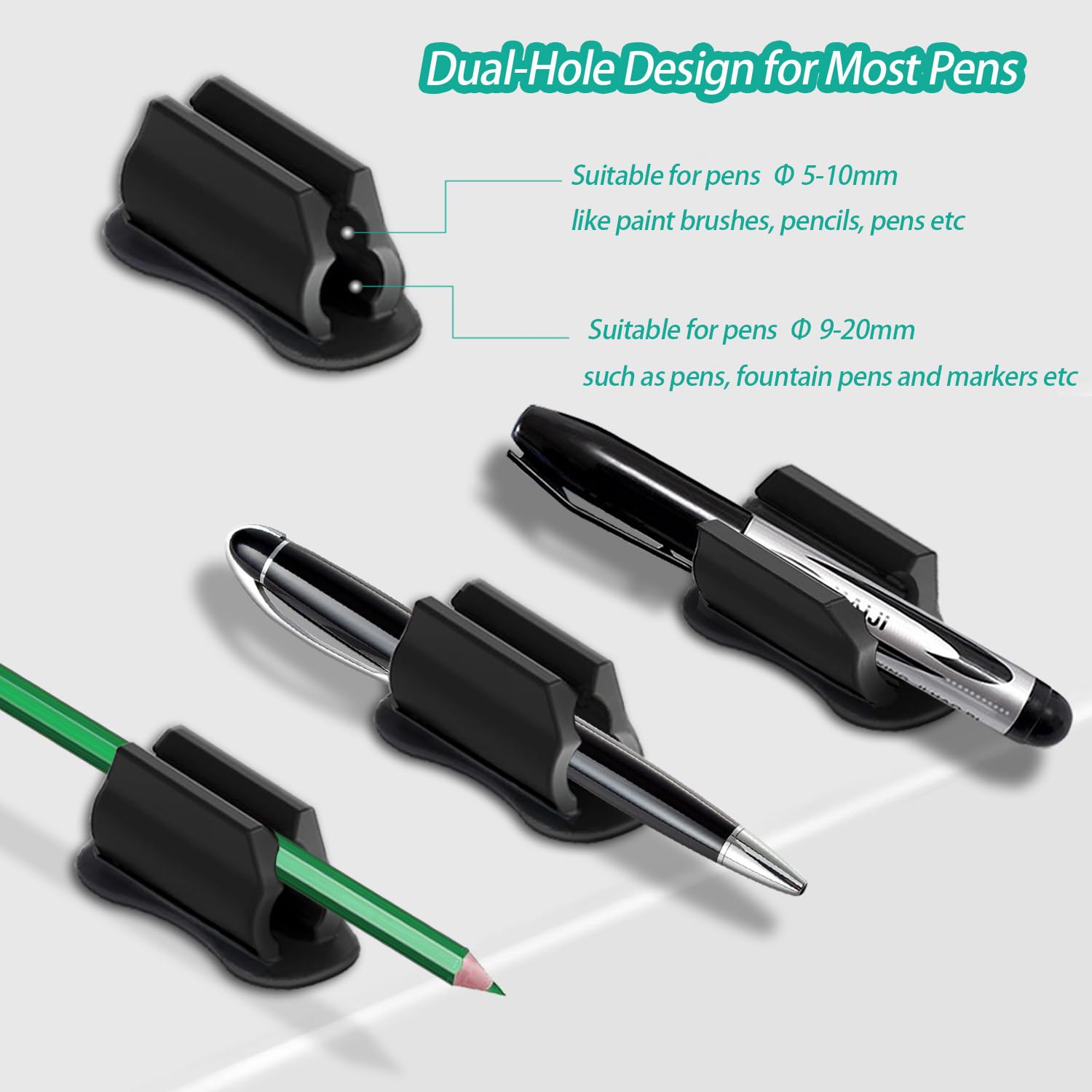 6-Pack Black Silicone Sticky Pen Holders for Wall & Desk - Adhesive Pencil, Marker & Stylus Organizer for Office, Clipboard & Workspace - Perfect for Home, School & Office Organization