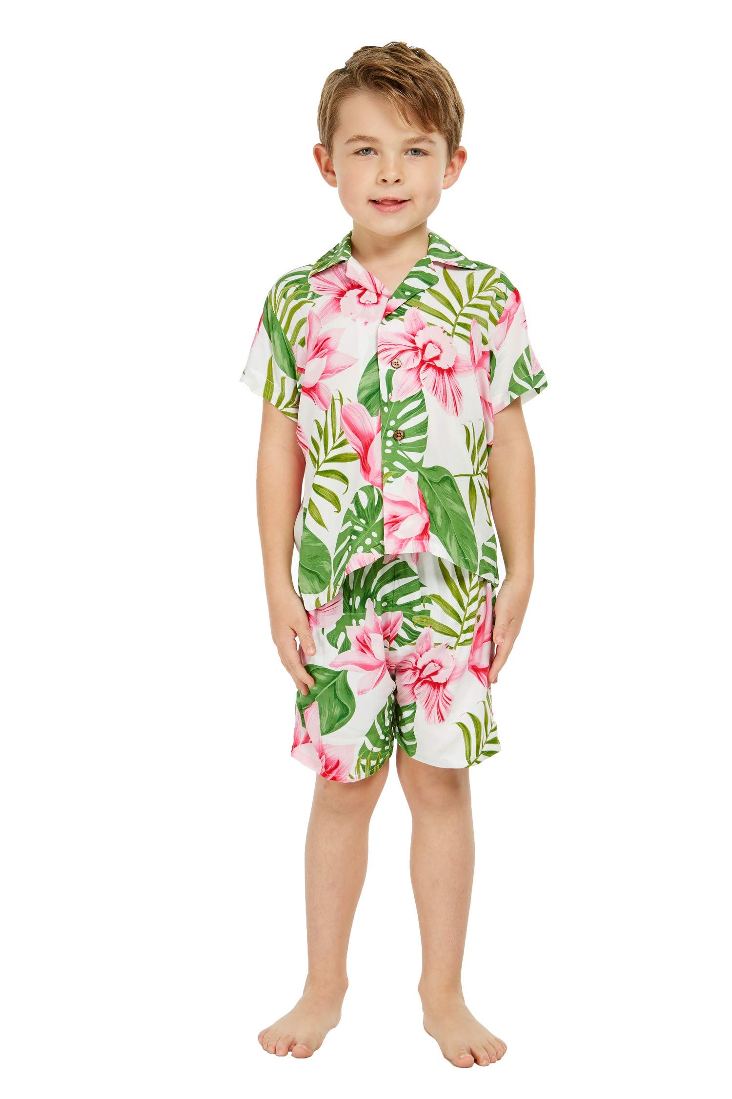 Matching Hawaiian Luau Outfits for Siblings - Tropical Floral Print Boy & Girl Aloha Shirts and Dresses | Perfect for Family Vacations, Beach Parties, and Summer Photoshoots