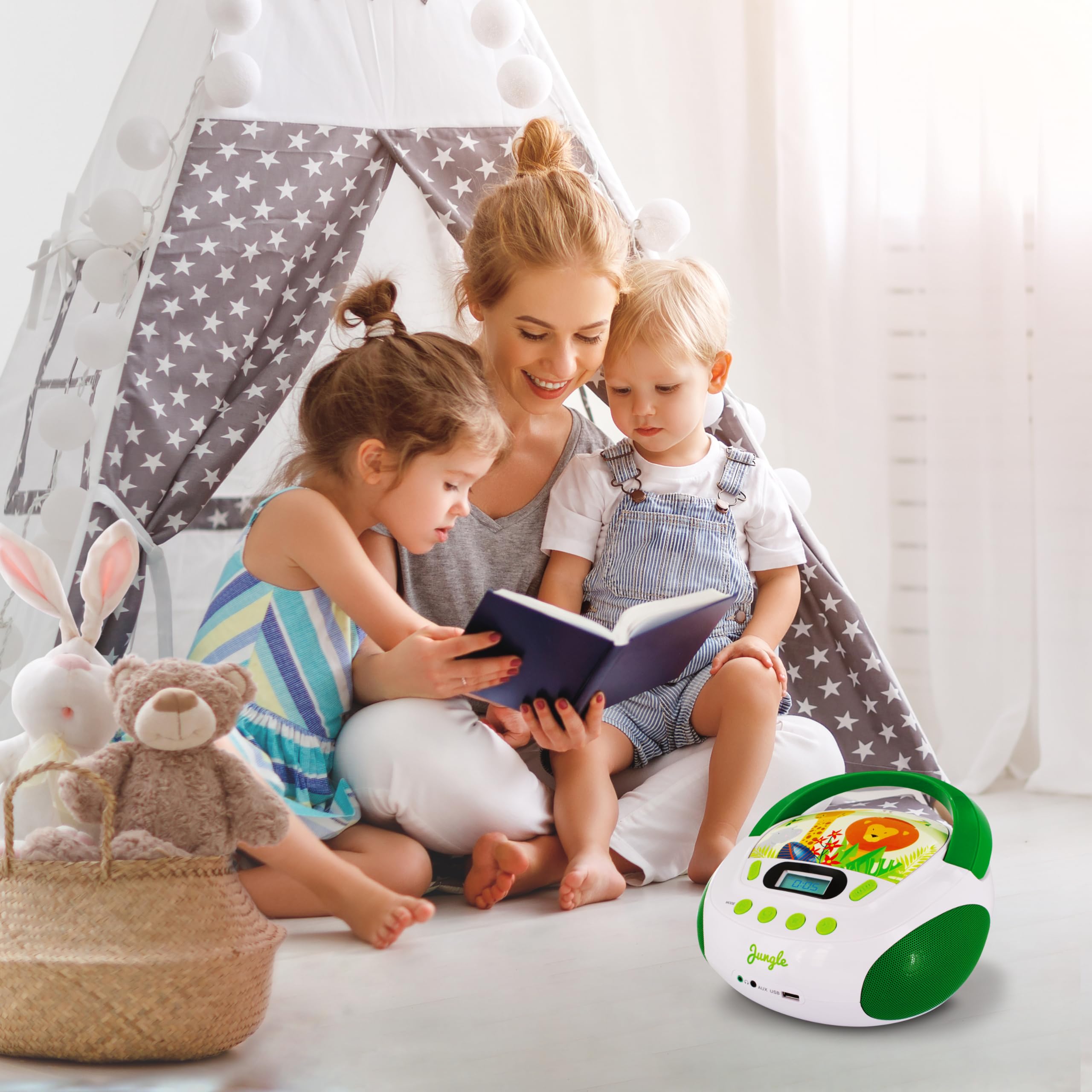 MOOOV Jungle Kids CD Player with USB & AUX-in Port - Green & White (Model 477144) - Perfect for Bedroom, Playroom & Travel Entertainment