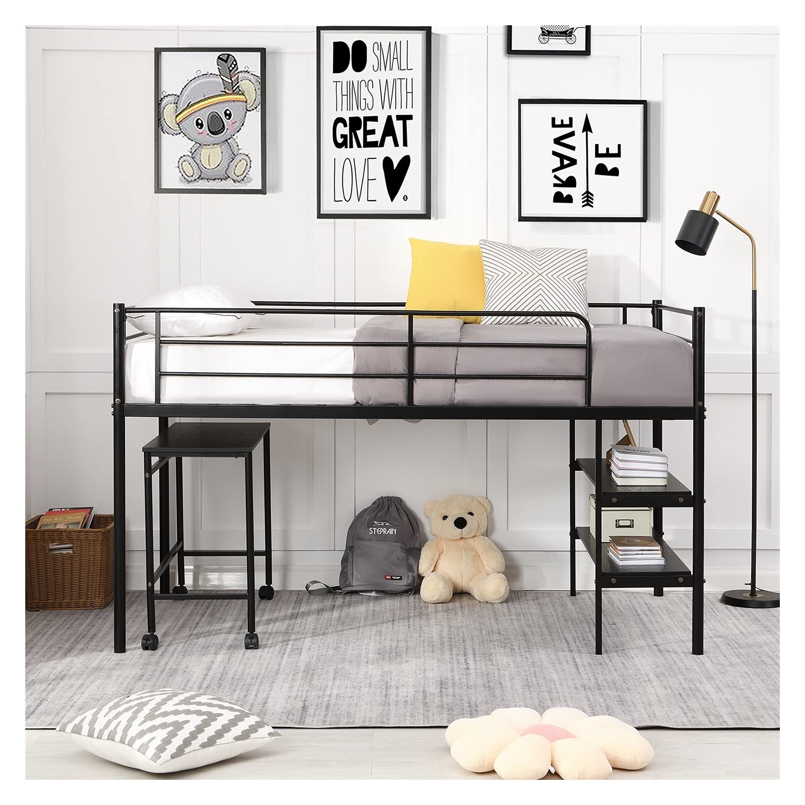WHNB Twin Size Metal Low Loft Bed with Shelves and Built-in Desk, Black - Space Saving Kids Bedroom Furniture for Small Rooms, Study & Sleep Solution