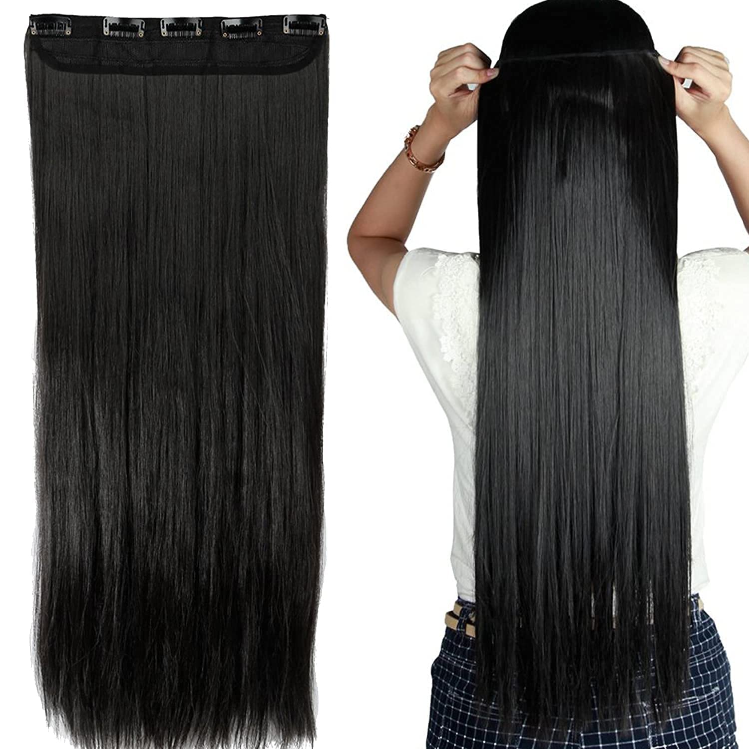 HOJI 24 Inch 5 Clip-in Hair Extensions for Women - Natural Black Human Hair - Perfect for Volume & Length - Styling for Parties, Weddings & Daily Wear
