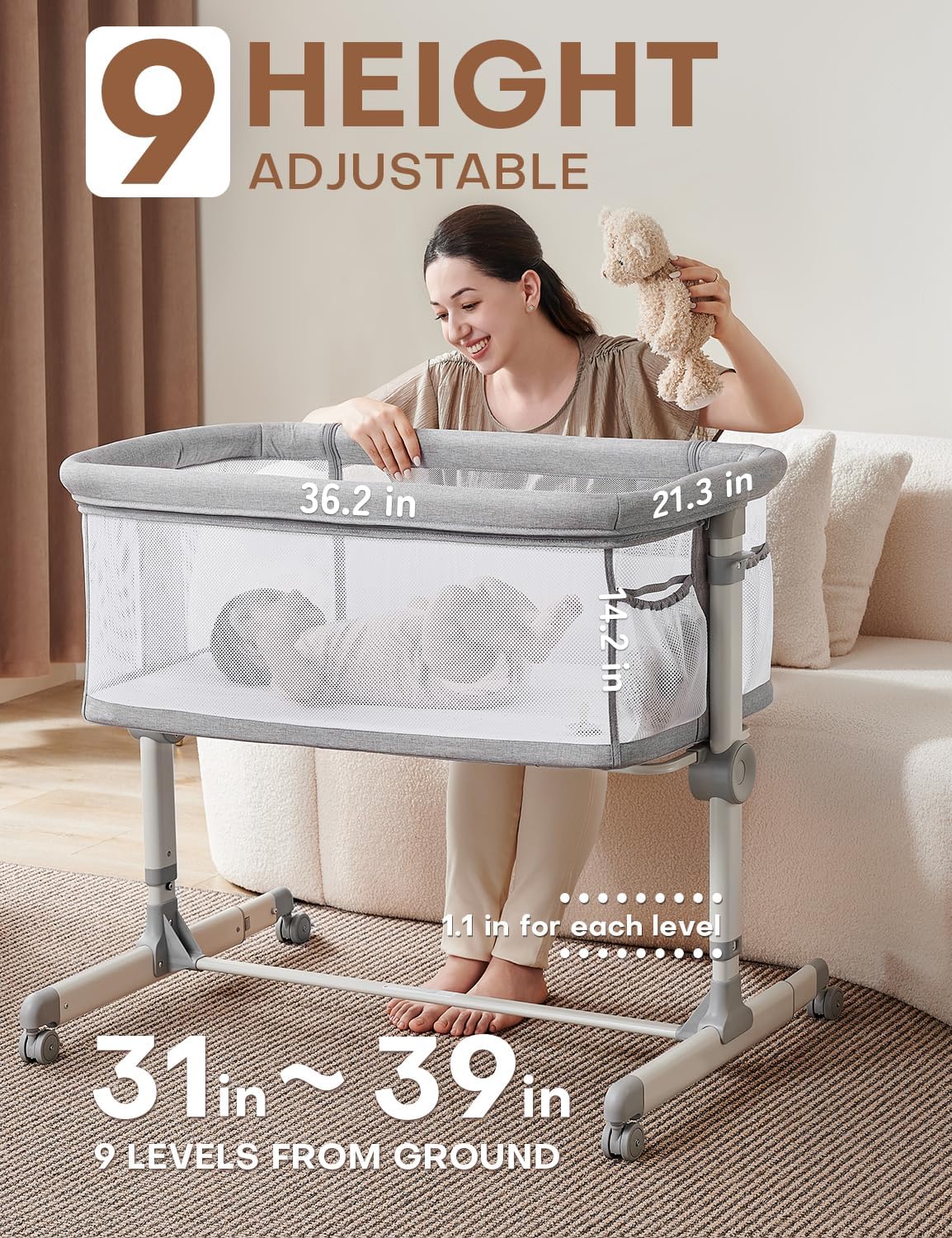 Besrey Baby Bassinet Bedside Sleeper - Extra Wide Adjustable Crib with Wheels & 360° Swivel Lock | 9 Height Positions for Newborns | Includes Mattress | Perfect for Nursery, Bedroom & Late-Night Feedings
