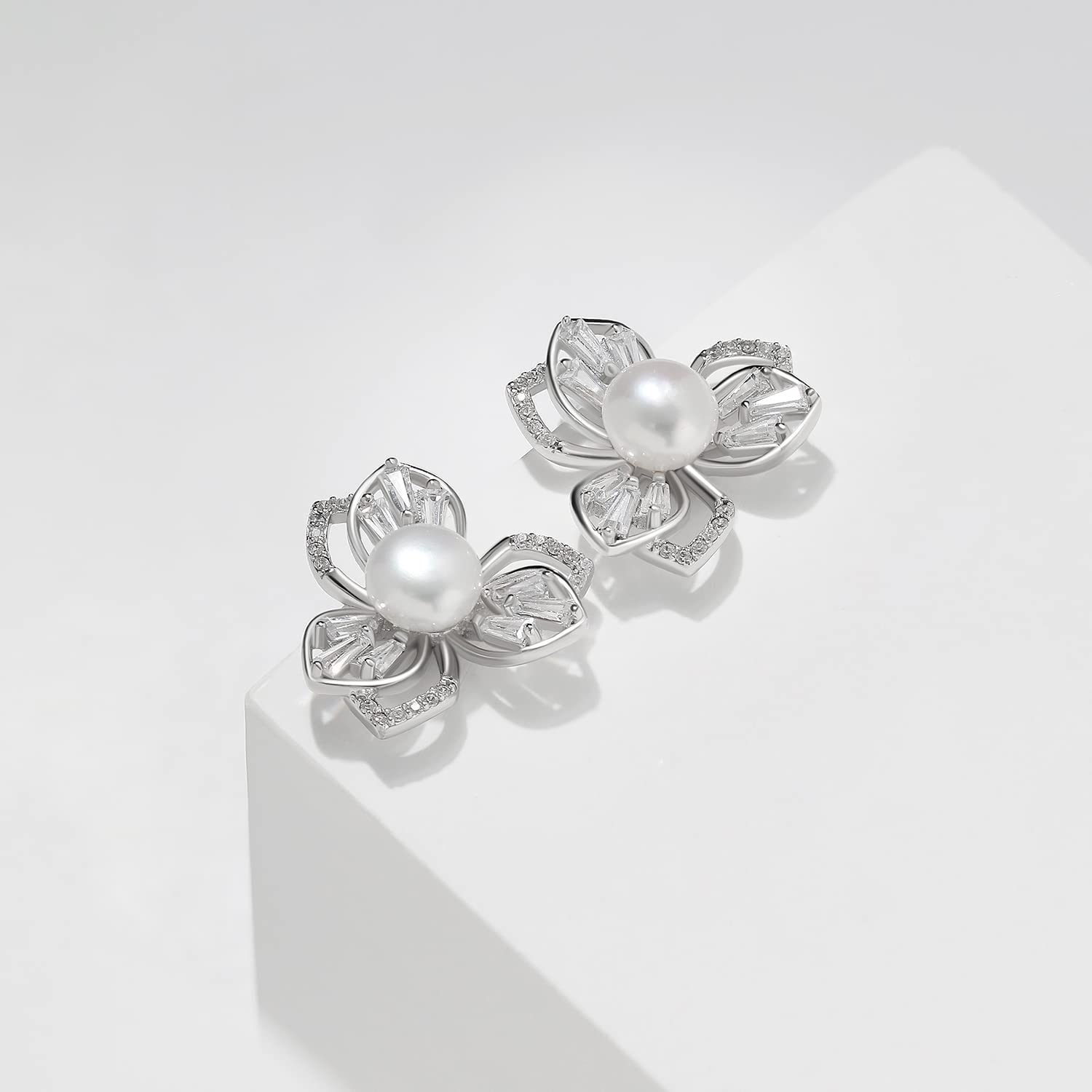Freshwater Pearl & Diamond Flower Stud Earrings for Women - Rose Gold & Silver Cute Floral Studs, Perfect Gift for Girls - Elegant for Weddings, Parties & Daily Wear