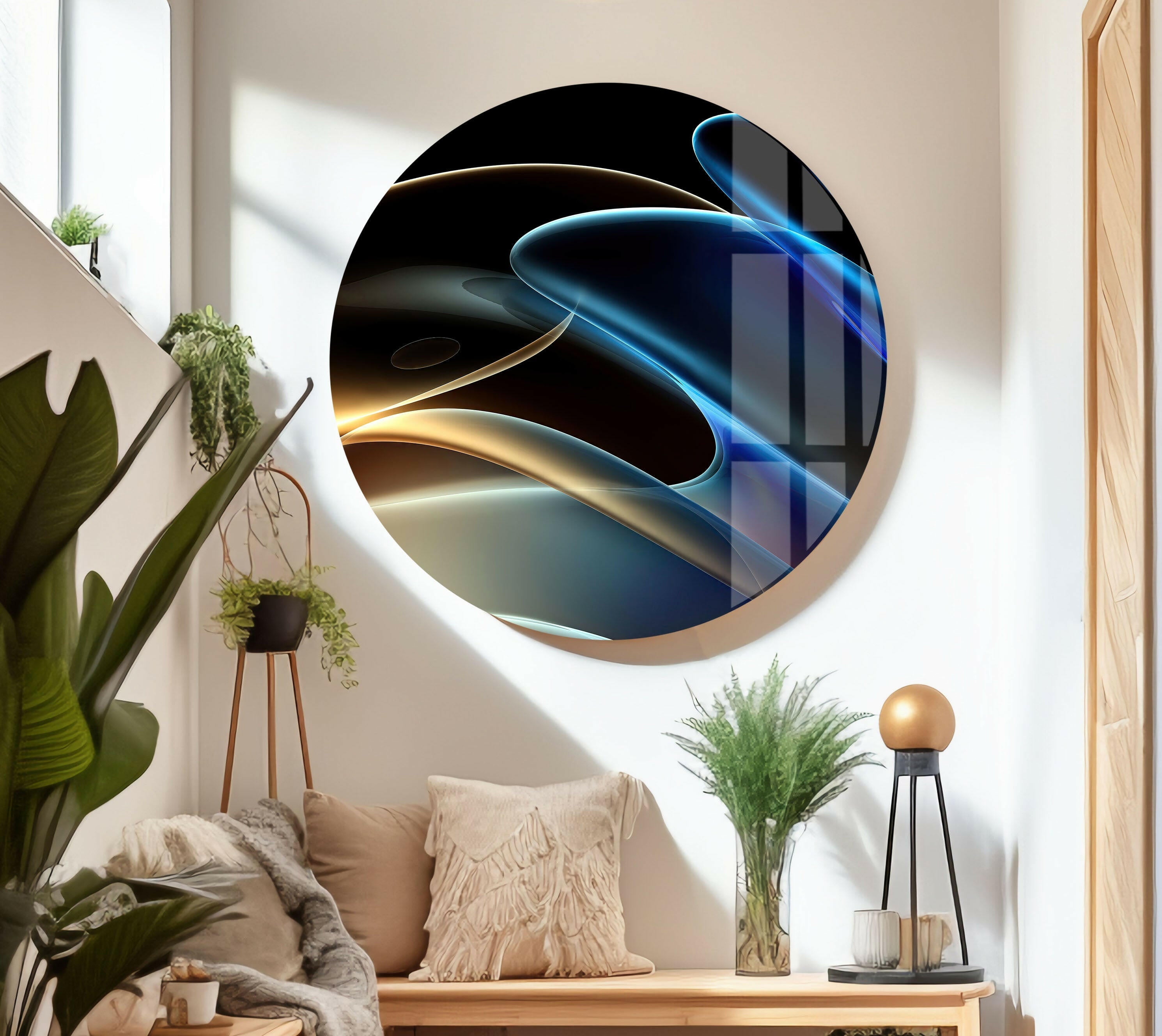Blue Neon Wave Abstract Glass Wall Art - Modern Home Decor for Living Room, Bedroom & Office - Unique Handmade Glass Painting for Stylish Interior Design