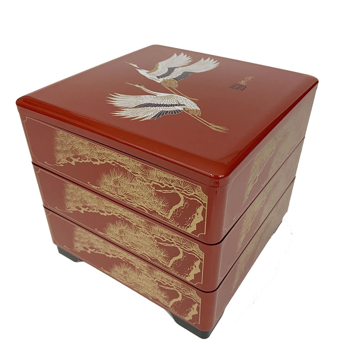 Japanese Traditional 3-Tier Jubako Bento Box Set - 4-Pack Stackable Lacquered Plastic Food Containers for Sushi, Candy & Snacks | Red Crane Design | Made in Japan | Perfect for Parties, Picnics & Gift Giving