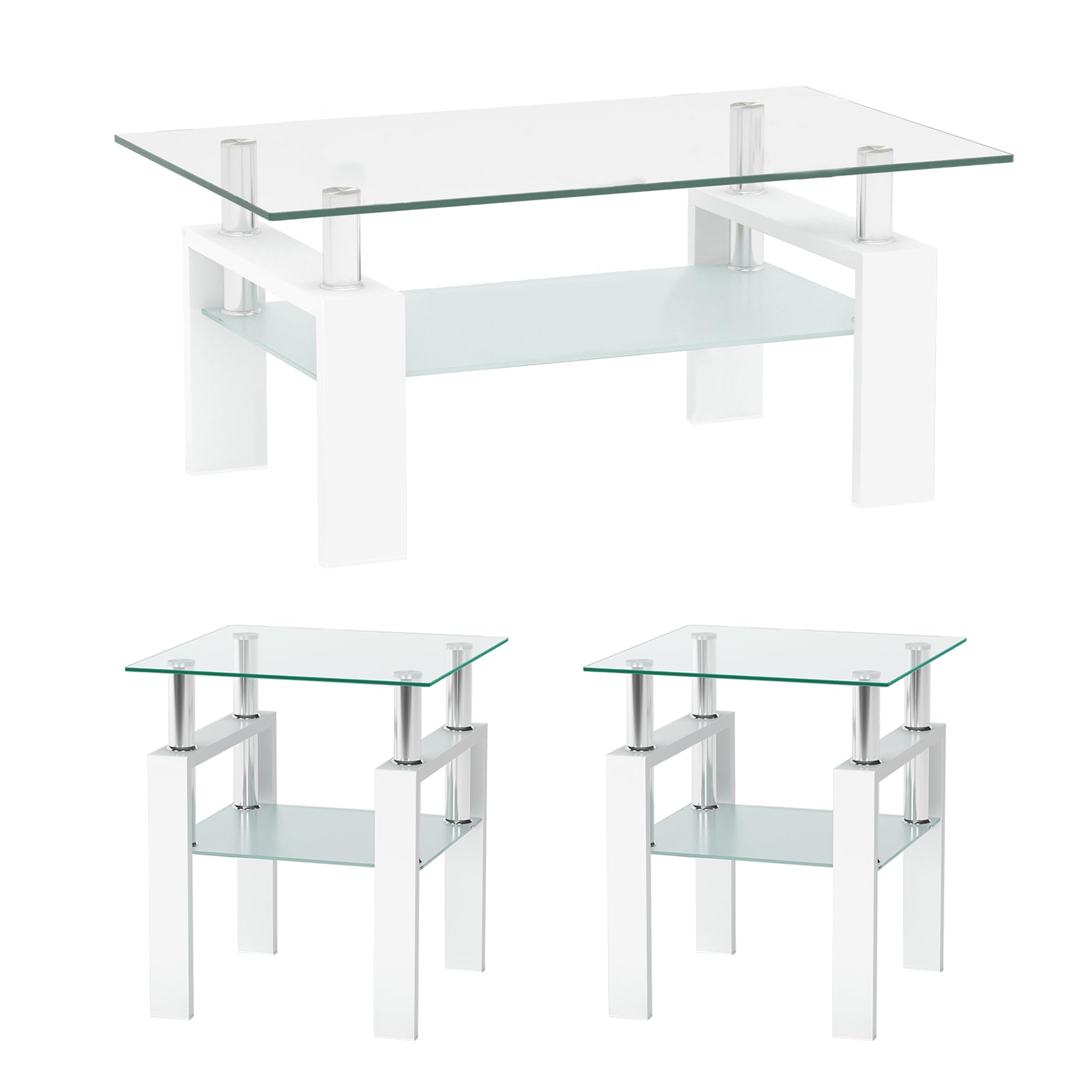 IANIYA Modern 3-Piece Tempered Glass Coffee Table Set - White Sleek Design Living Room Furniture with High Capacity - Perfect for Small Spaces, Apartments & Contemporary Home Decor