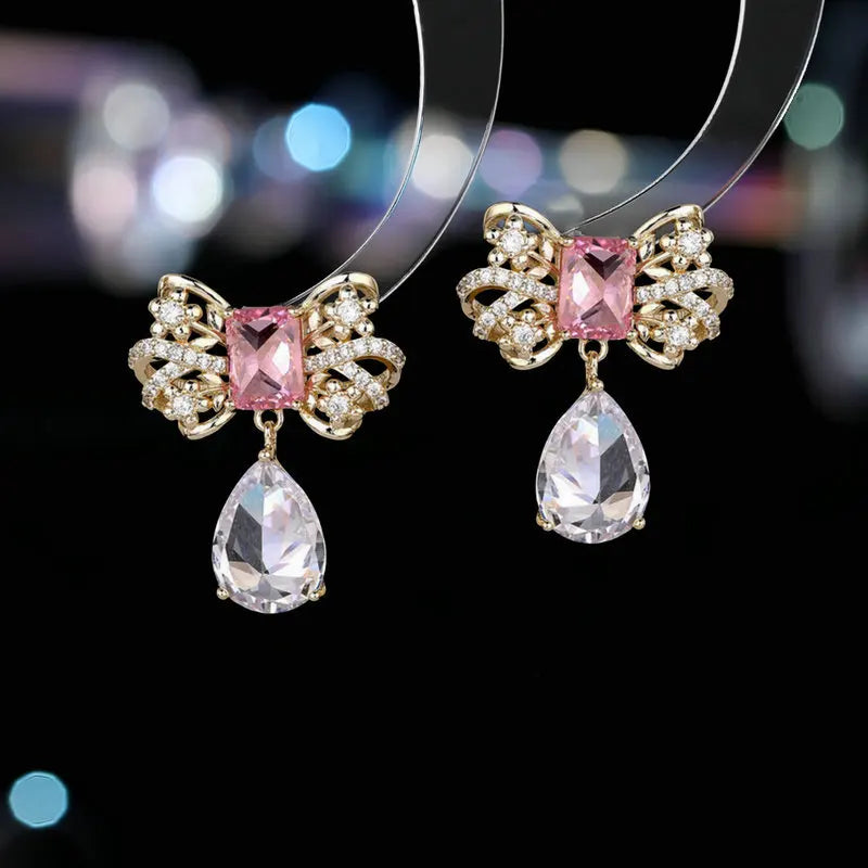 Elegant Crystal Cubic Zirconia Droplet Bow Earrings for Women - Fashion Jewelry Accessories - Perfect for Parties, Weddings & Special Occasions