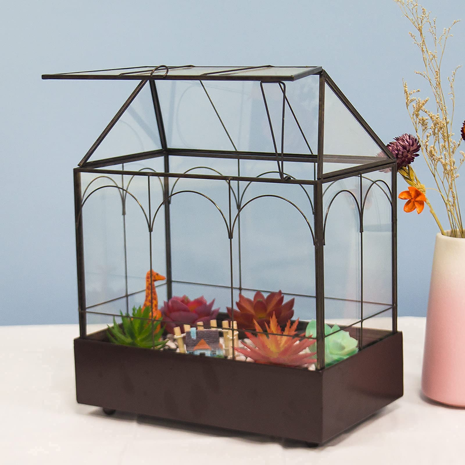 Large Tall Glass Plant Terrarium for Succulents & Air Plants – 9.5”X5.7”X11.4” House Terrarium Kit with Lip and Tray | Perfect for Home Decor, Office Desk & Indoor Gardening