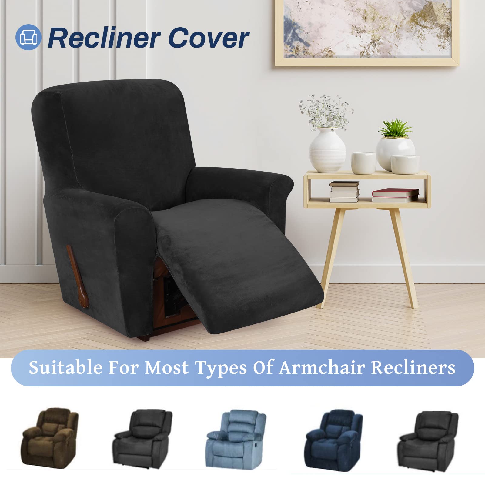 WEERRW Velvet High Stretch Recliner Chair Cover - Washable Furniture Protector with Non-Slip Elastic Bottom for Kids & Pets - Black - Perfect for Living Room, Home Theater & Office Recliners