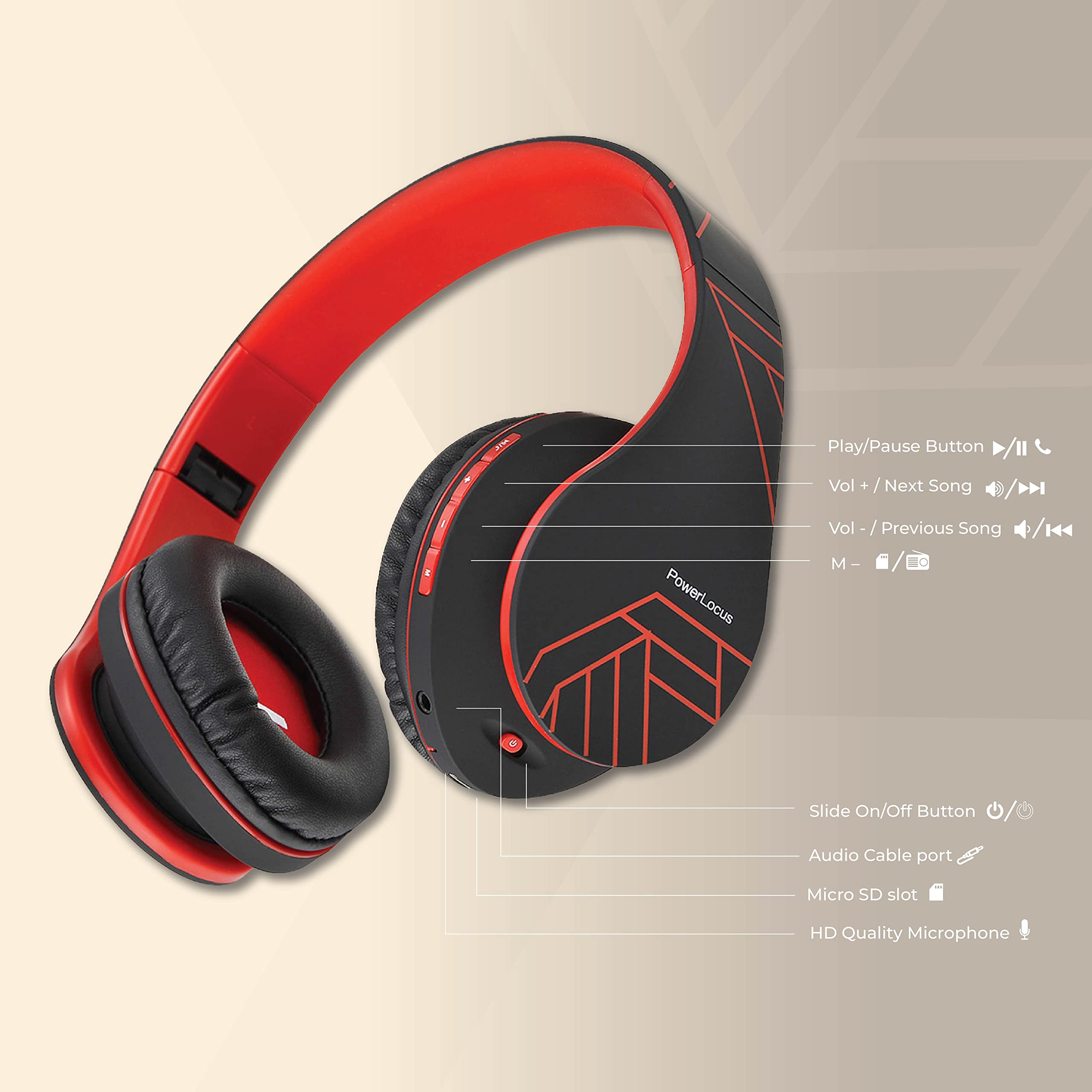 PowerLocus Bluetooth Over-Ear Headphones - Wireless & Wired Stereo Headset with Built-in Mic, Foldable Design, Micro SD/TF & FM Radio - Compatible with iPhone, Samsung, iPad, PC (Black/Red) - Perfect for Travel, Workouts & Home Entertainment