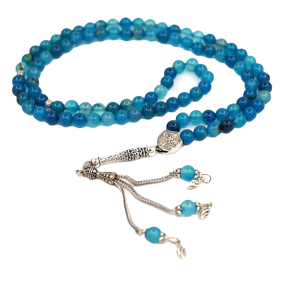 Premium 99-Count Islamic Tesbih Prayer Beads - Natural Multicolored Agate Stone (Blue) for Muslim Worship, Meditation & Stress Relief - Perfect for Daily Dhikr, Gift Giving & Spiritual Practice