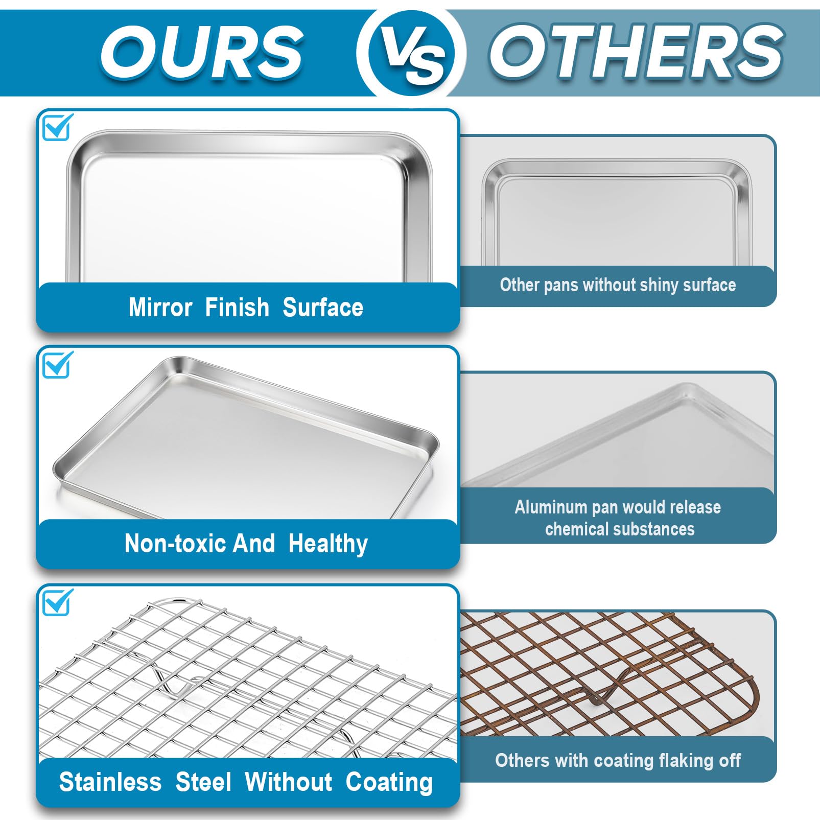 Stainless Steel Baking Pan Set with Rack - 12.5x10 Inch Toaster Oven Baking Tray & Cooling Rack for Roasting, Baking, Cookies, Pizza - Heavy Duty & Dishwasher Safe (2-Piece Set) - Perfect for Home Baking, Meal Prep & Holiday Cooking