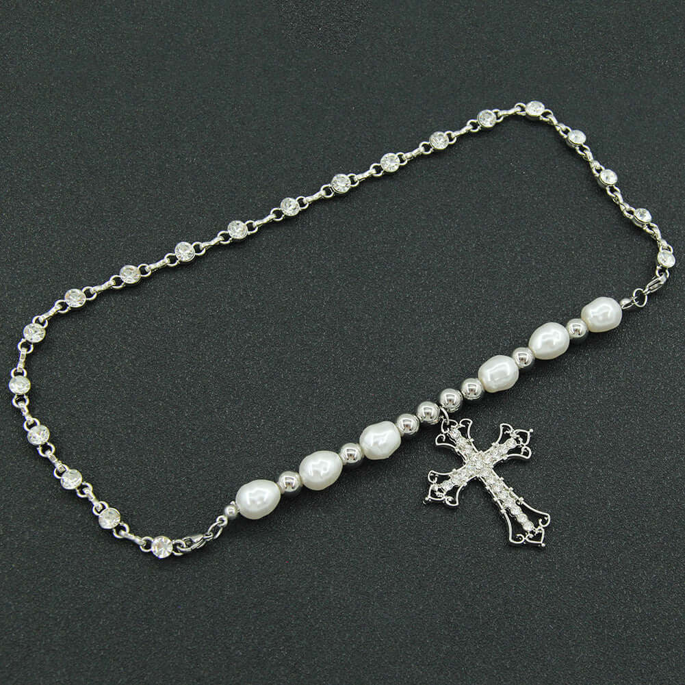 Chunky Silver Cross Necklace with Pearl Accents - Punk Style Jewelry for Women | HN2479 | Perfect for Gothic Fashion, Layering & Everyday Wear