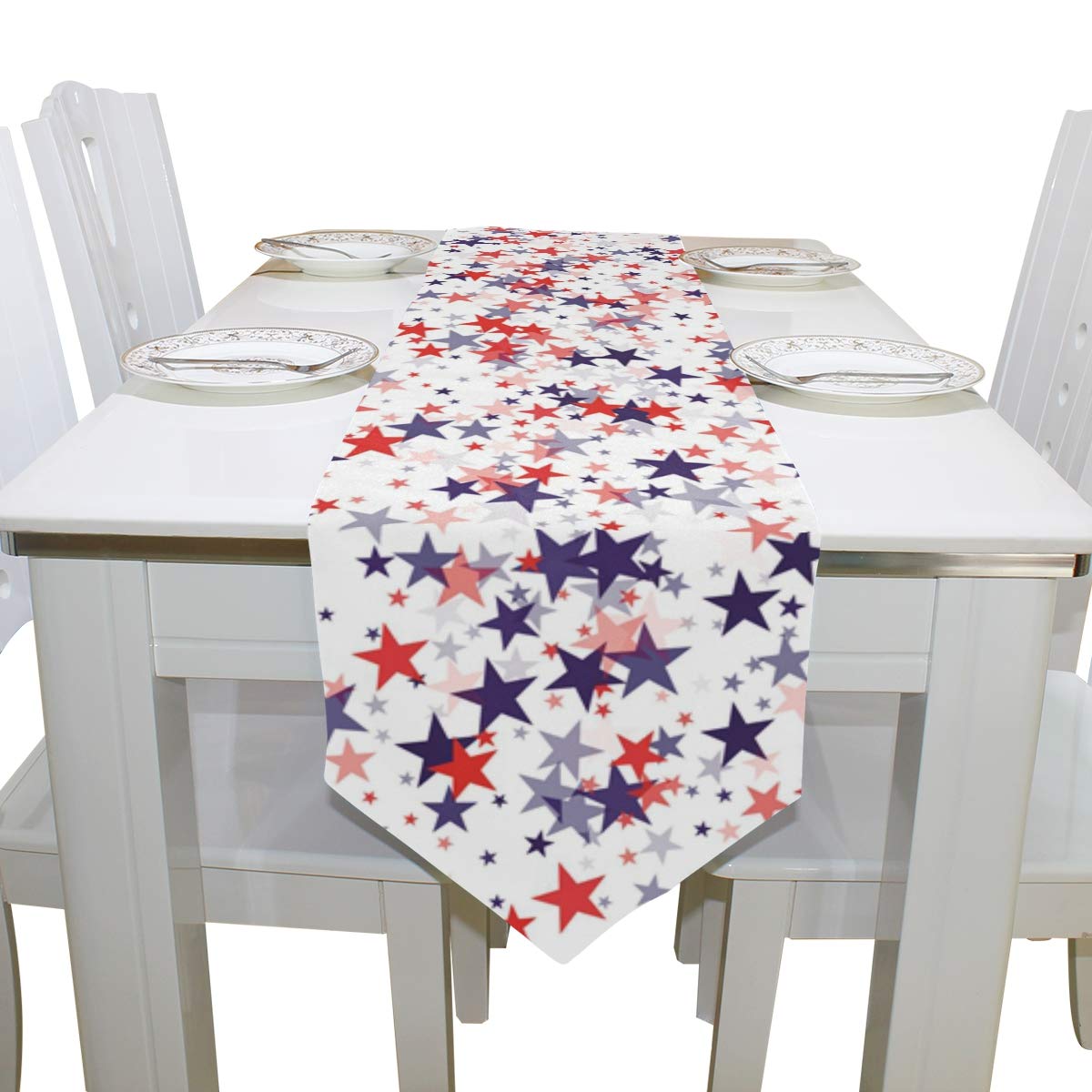 MOYYO Patriotic American Flag Table Runner - 13x70 Inch Red White & Blue Stars Polyester Tablecloth for Weddings, Parties, Banquets - Perfect for 4th of July, Memorial Day & Patriotic Home Decor