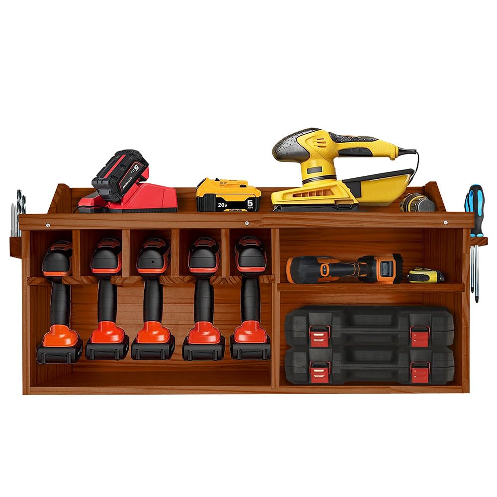 Pro-Lift Cordless Drill Organizer – Wall Mount Power Tool Storage Rack with 5 Hanging Slots, Wooden M-004W2 – Perfect for Garage, Workshop & DIY Tool Organization
