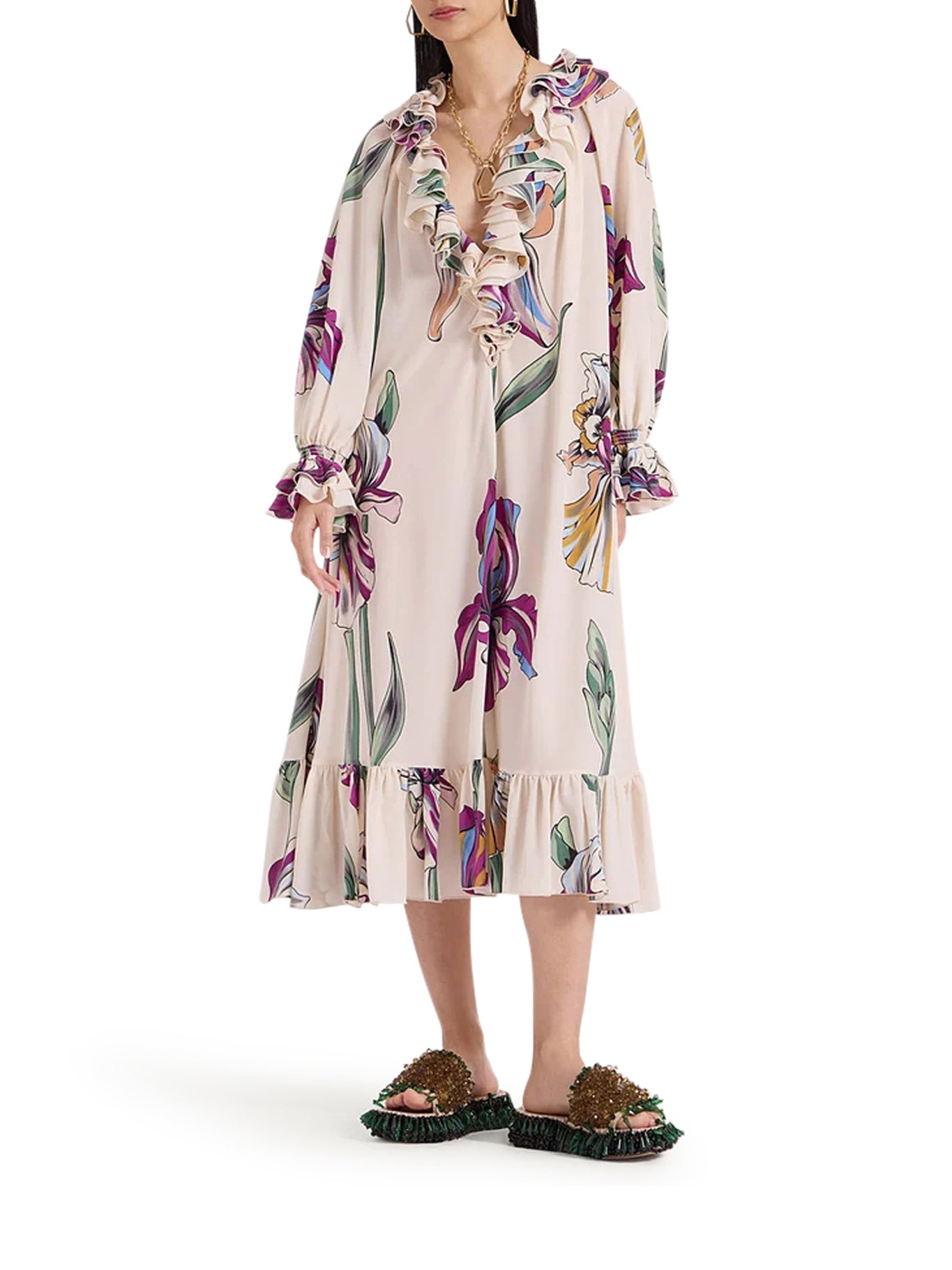 La Double J Hey Jude Dress - Multicolor Floral Print Midi Dress | Women's Summer Boho Chic Dress for Beach, Vacation & Party Wear | Model: DRE0850CRE001IRS01 WH04IRIS