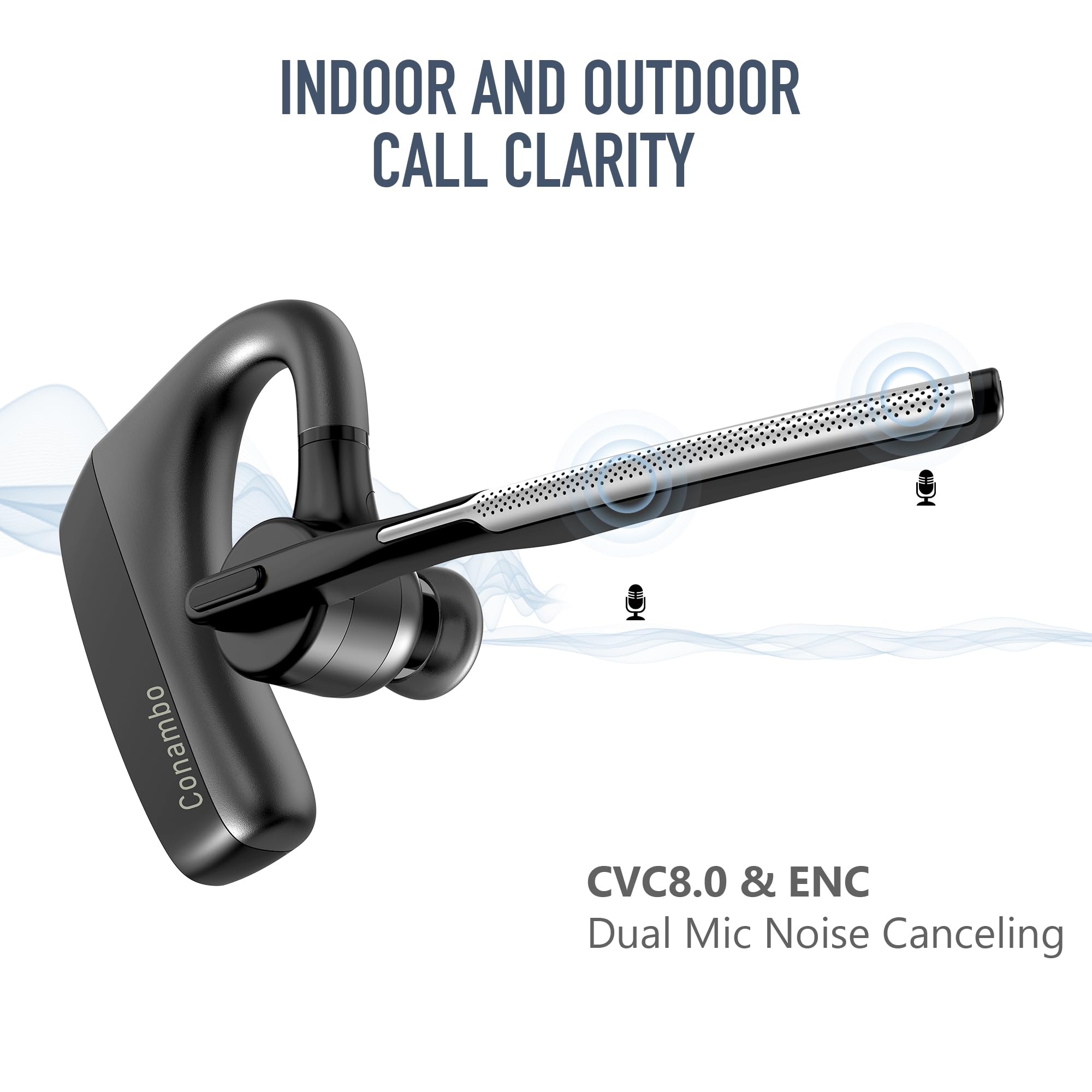 Conambo K18 Bluetooth Headset V5.1 Wireless Earpiece with Dual Mic & CVC8.0 Noise Cancellation - Hands-Free for Truckers, Office Calls, Cell Phones | Perfect for Long Work Shifts, Driving, and Business Meetings